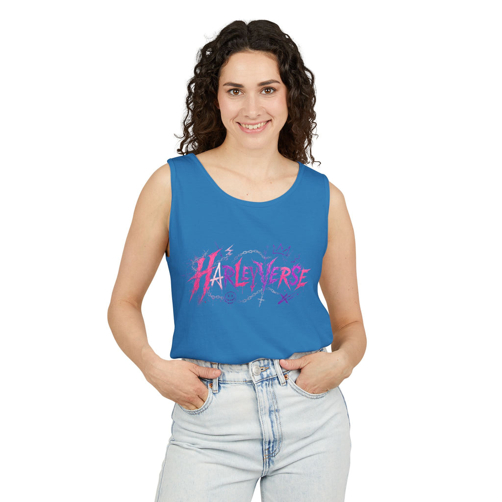 Harleyverse graffiti logo Tank Top | punk script, pink and purple doodles