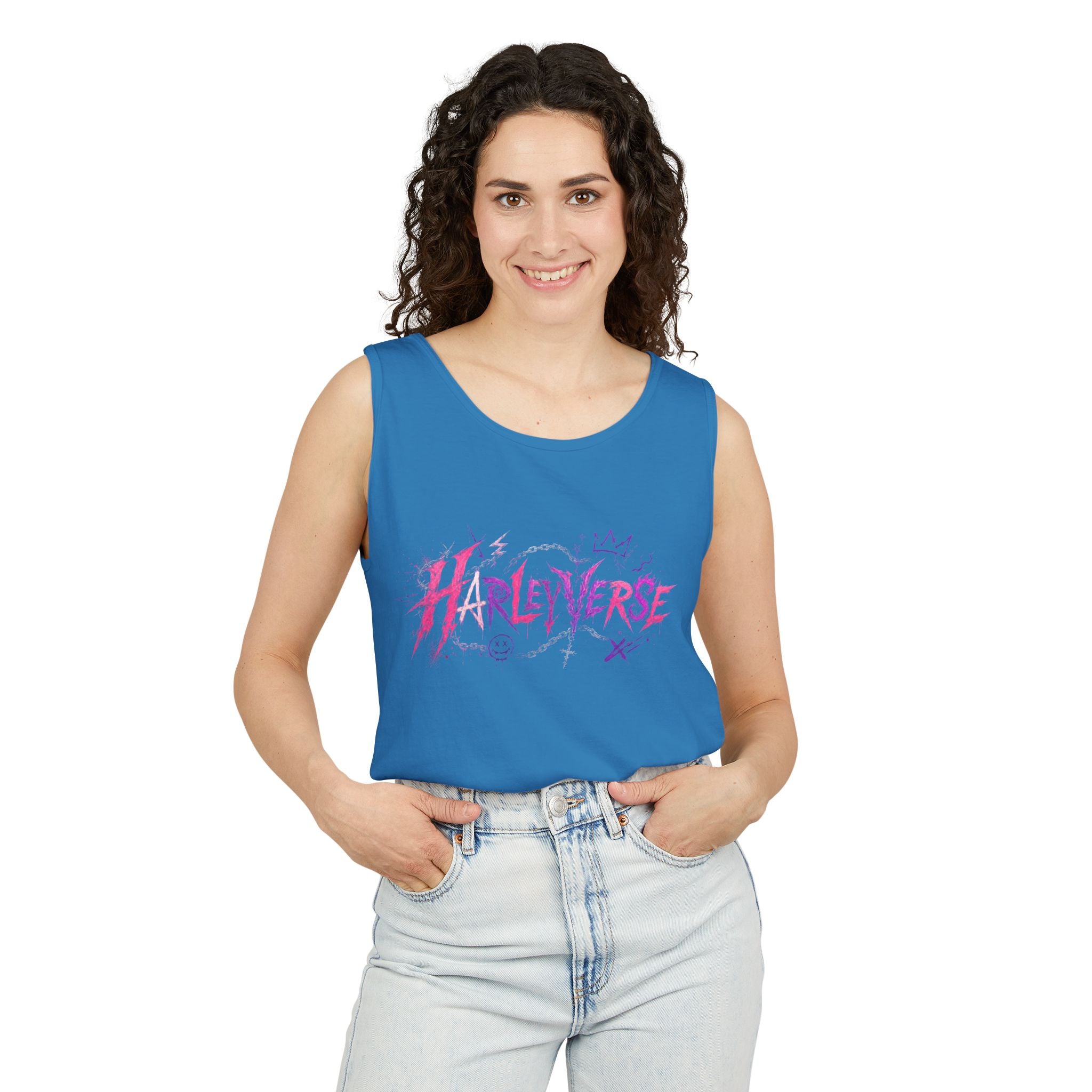 Harleyverse graffiti logo Tank Top | punk script, pink and purple doodles