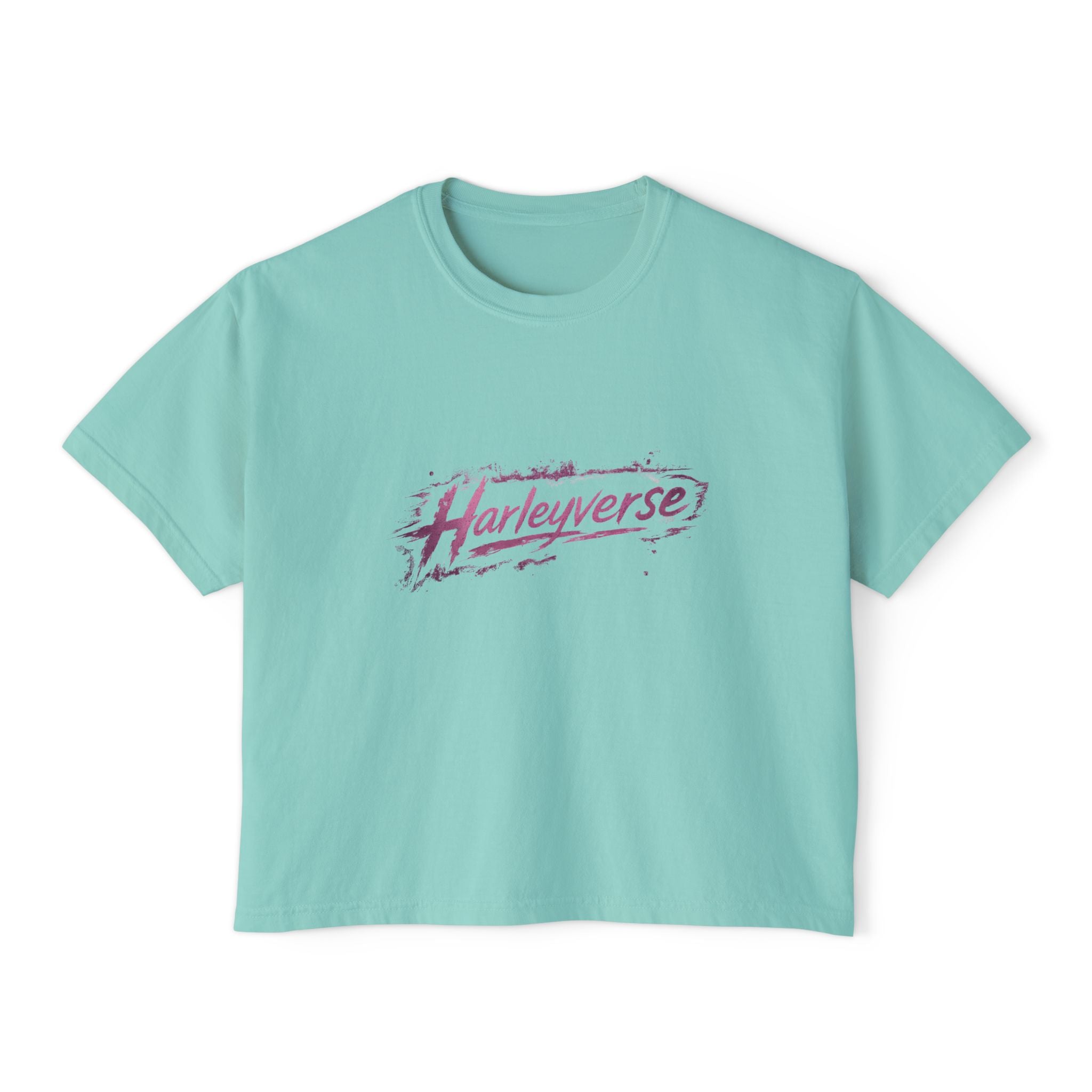 Harleyverse logo boxy tee | Crop T-Shirt, Retro Script, Pink Splash