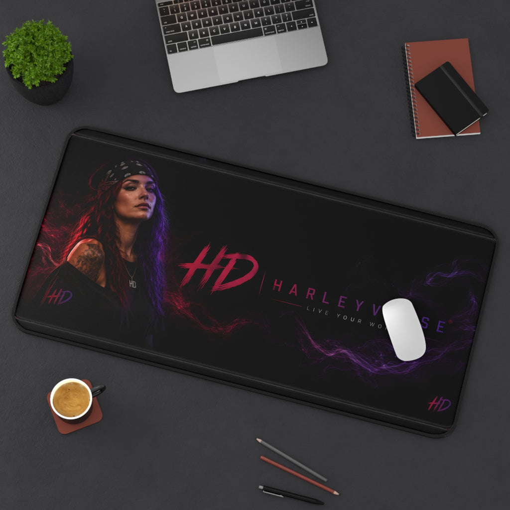 Harleyverse Neon Portrait Desk Mat | HD logo gaming mousepad, purple red vaporwave