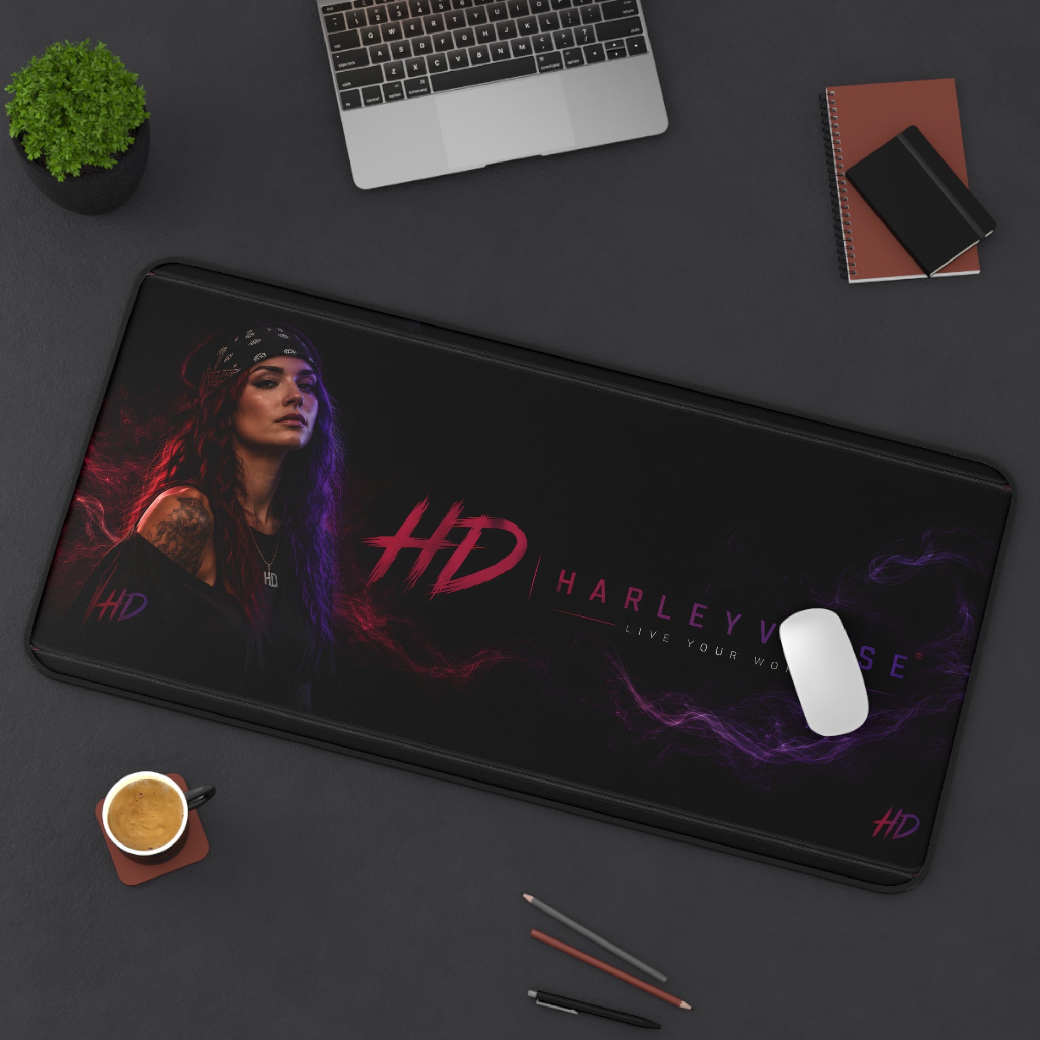 Harleyverse Neon Portrait Desk Mat | HD logo gaming mousepad, purple red vaporwave