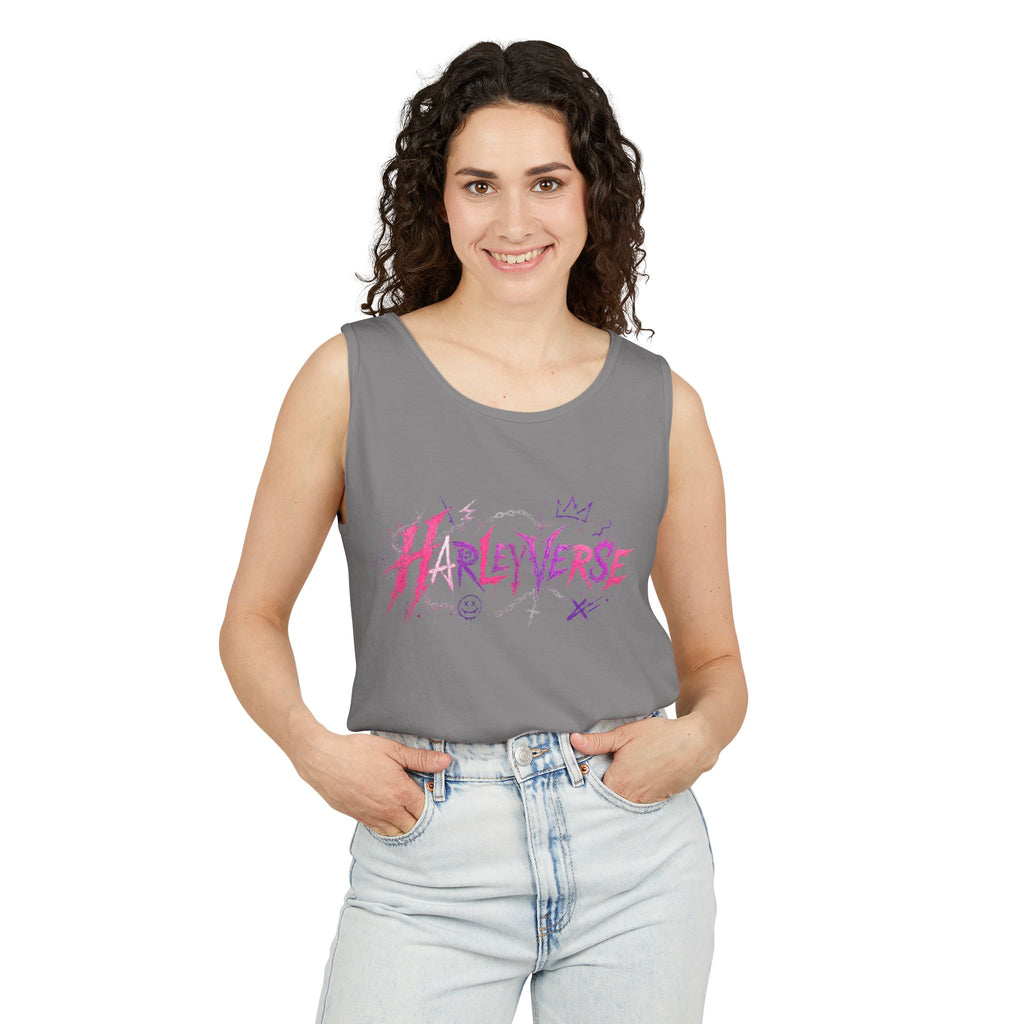Harleyverse graffiti logo Tank Top | punk script, pink and purple doodles
