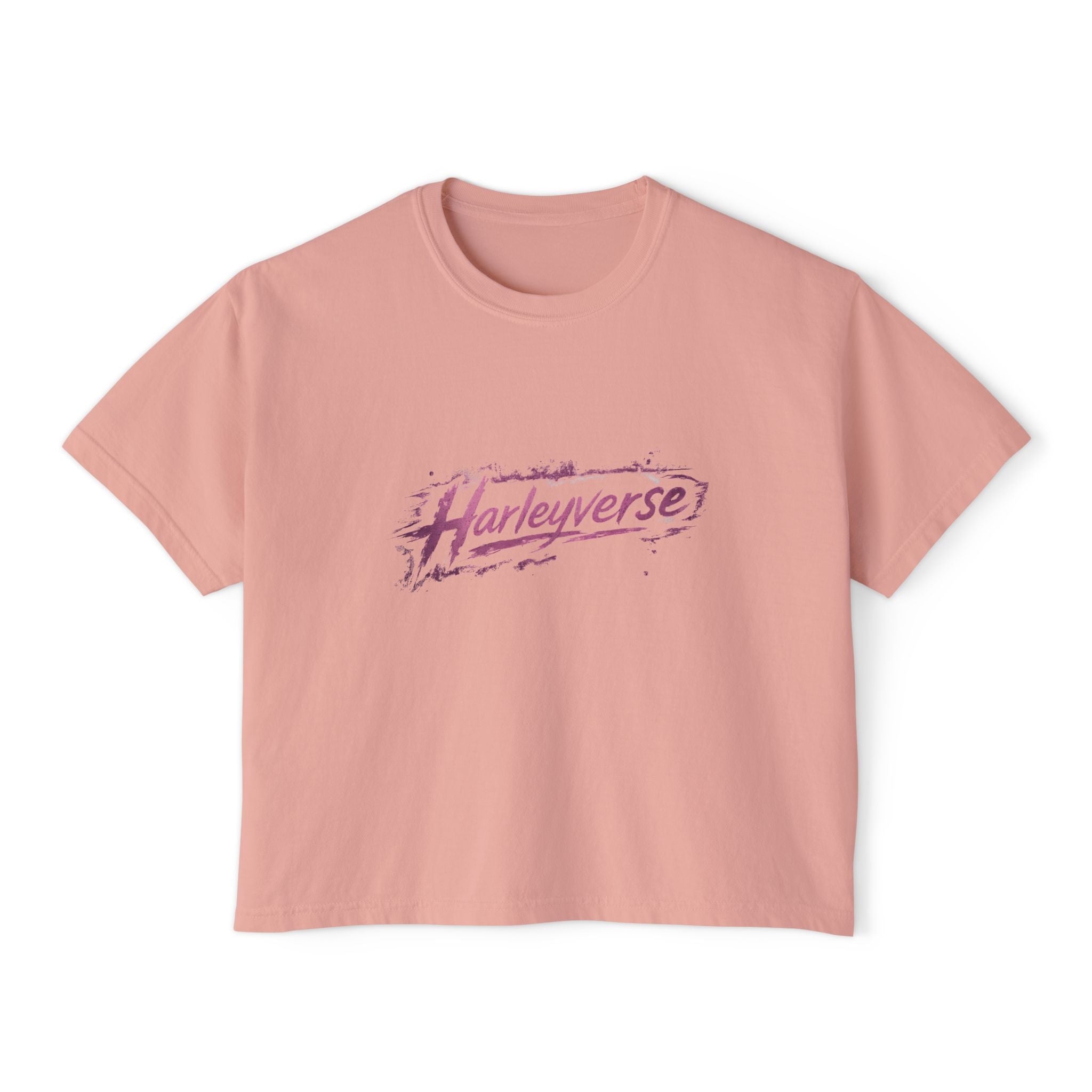 Harleyverse logo boxy tee | Crop T-Shirt, Retro Script, Pink Splash