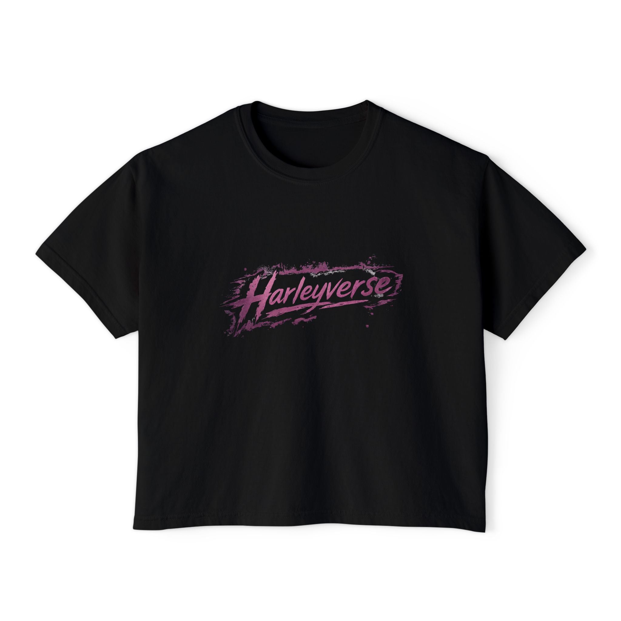 Harleyverse logo boxy tee | Crop T-Shirt, Retro Script, Pink Splash