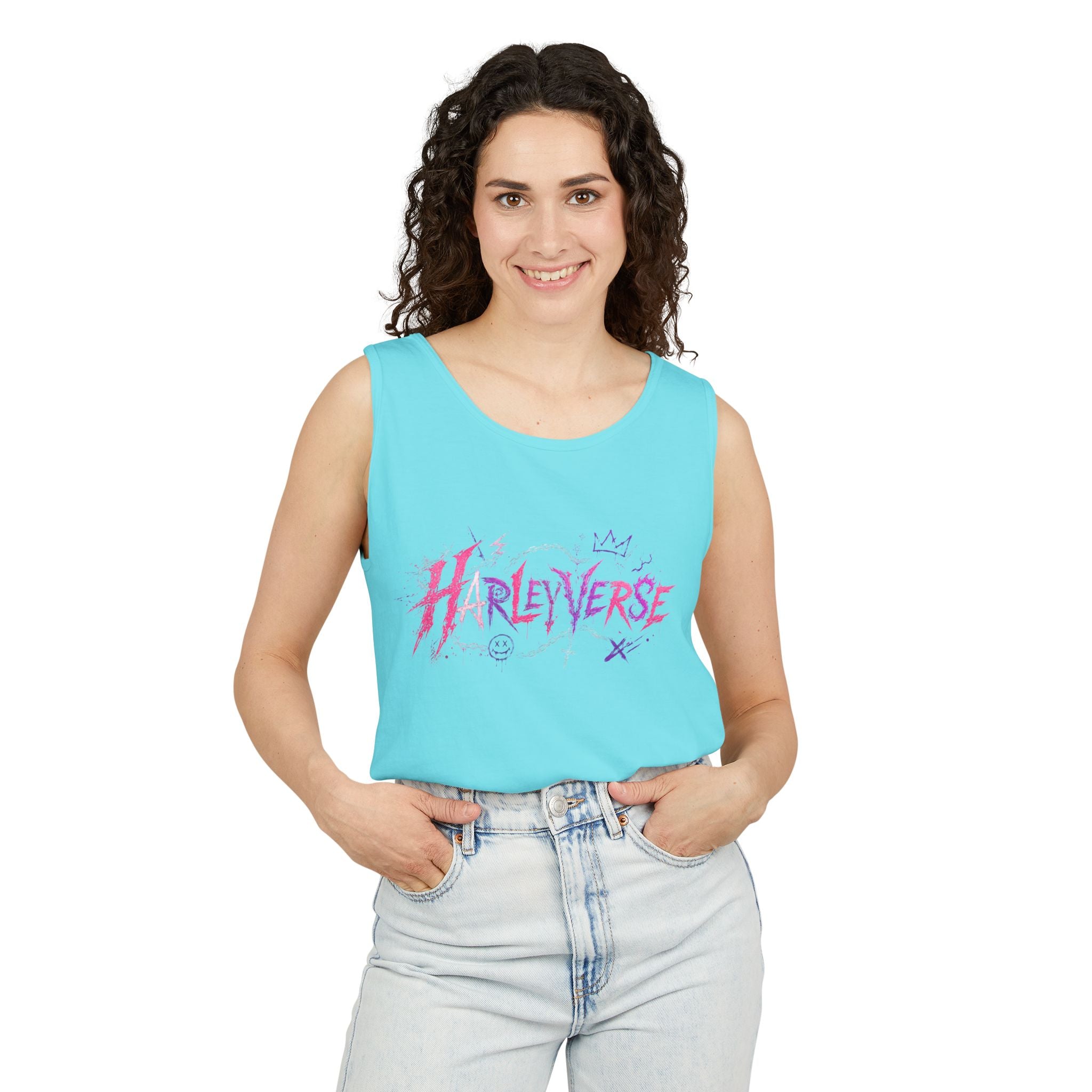 Harleyverse graffiti logo Tank Top | punk script, pink and purple doodles
