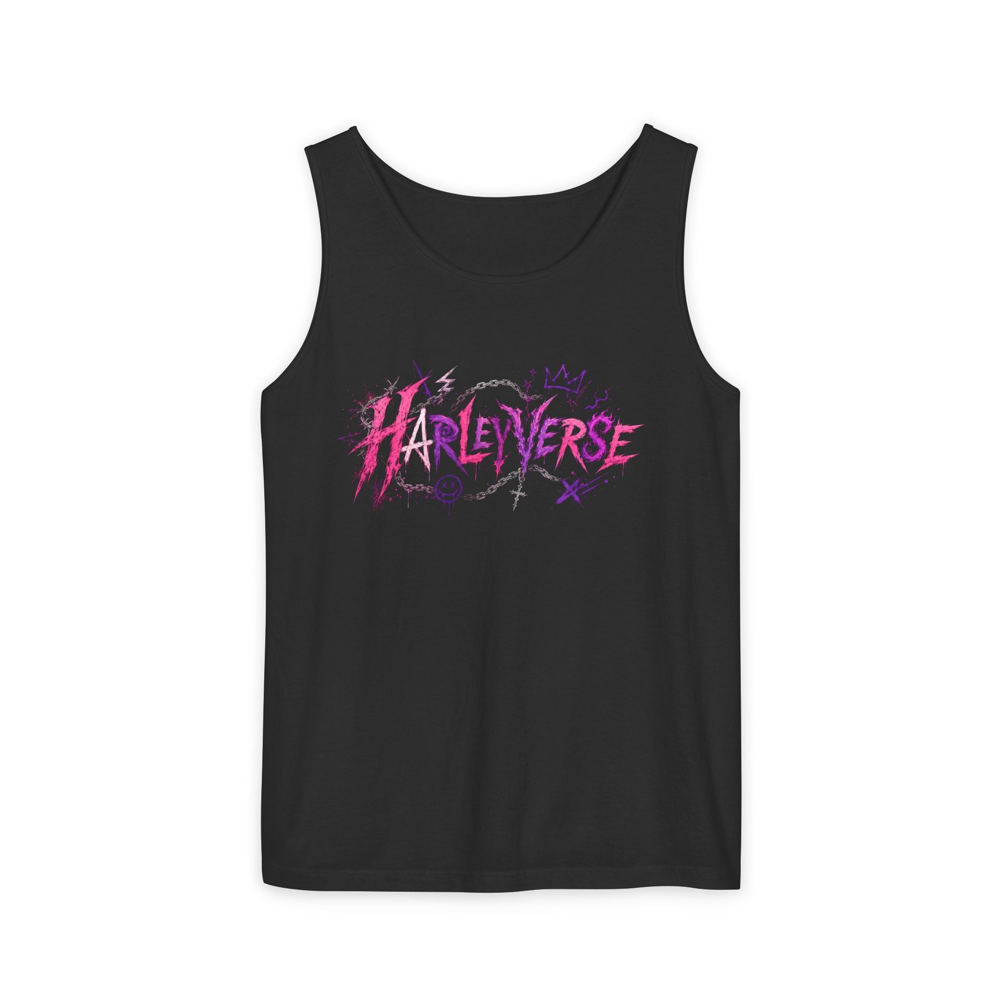 Harleyverse graffiti logo Tank Top | punk script, pink and purple doodles