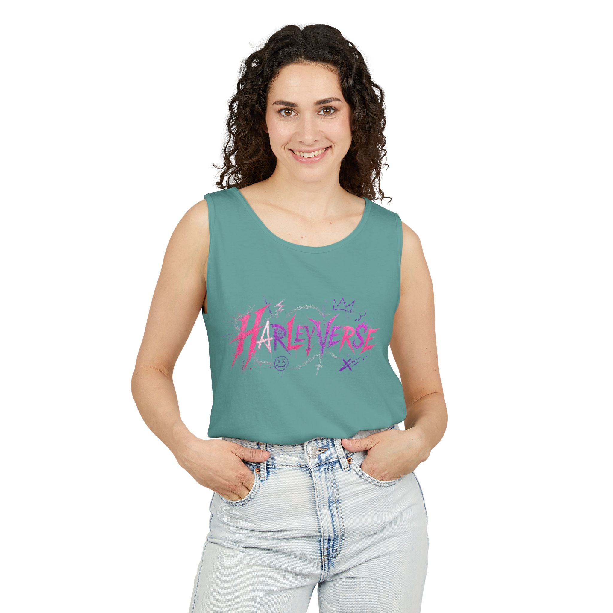 Harleyverse graffiti logo Tank Top | punk script, pink and purple doodles