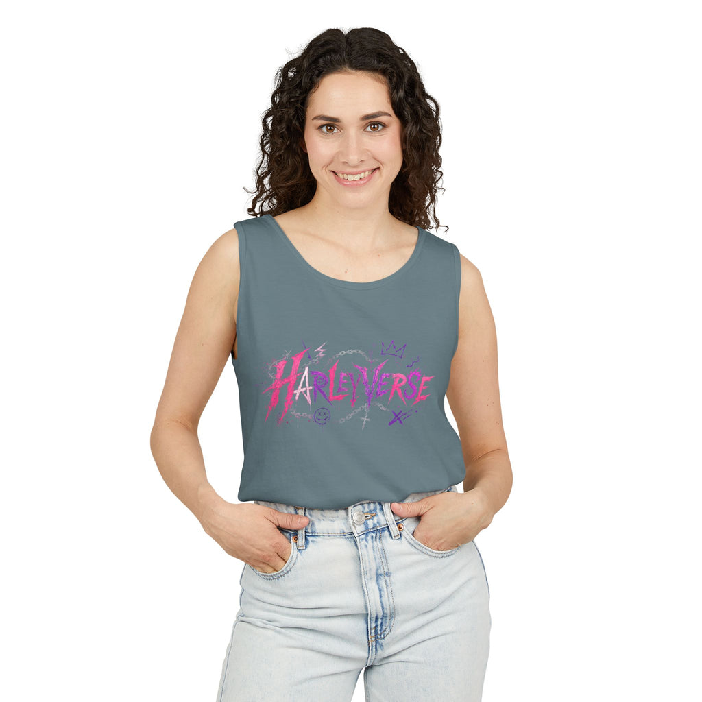 Harleyverse graffiti logo Tank Top | punk script, pink and purple doodles