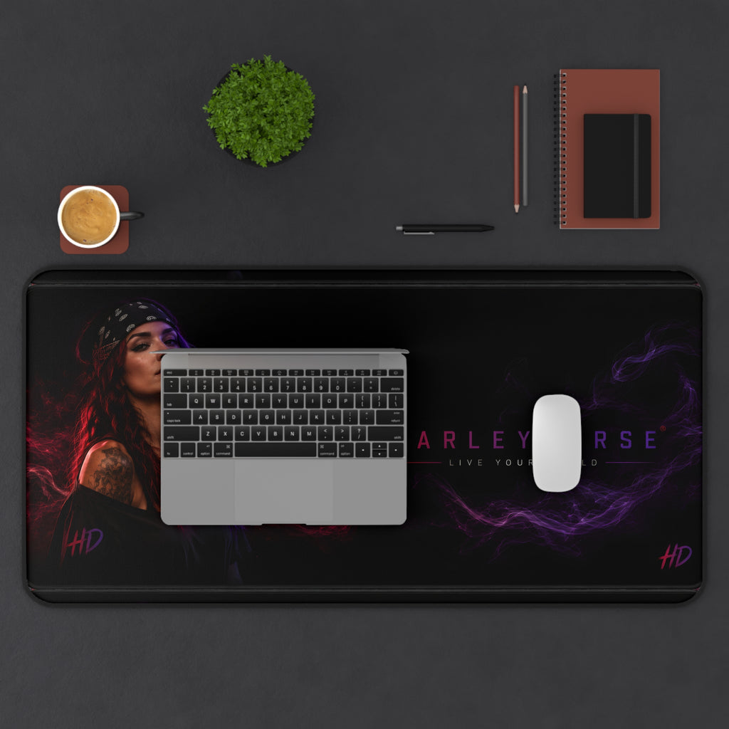 Harleyverse Neon Portrait Desk Mat | HD logo gaming mousepad, purple red vaporwave