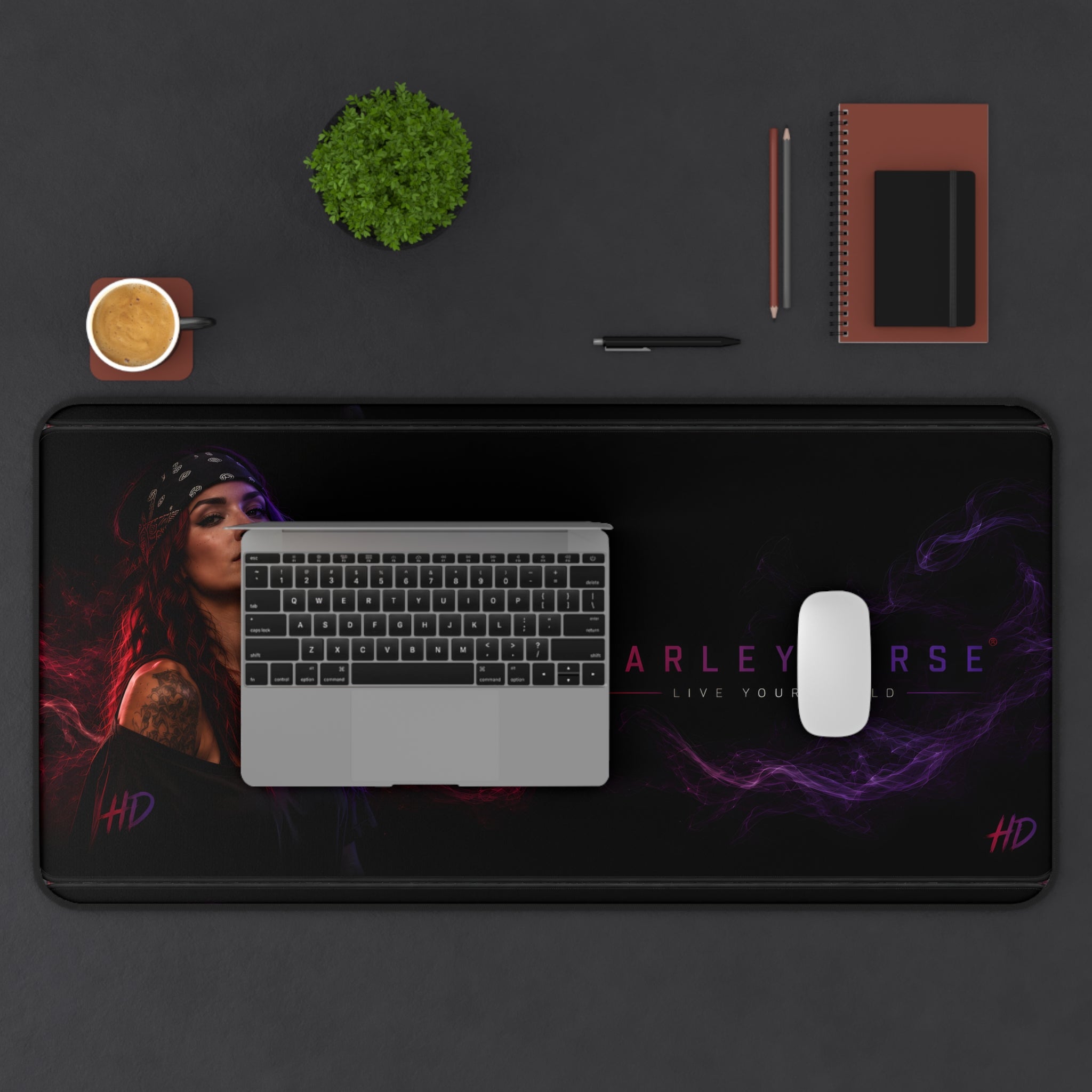 Harleyverse Neon Portrait Desk Mat | HD logo gaming mousepad, purple red vaporwave