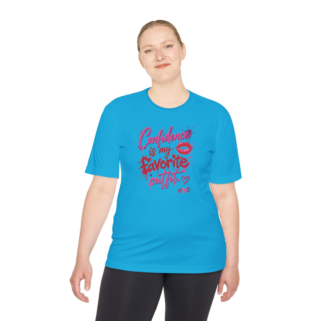 Harley Doo Confidence Is My Favorite Outfit tee | White Graphic T-Shirt, Lip Print, Script Quote