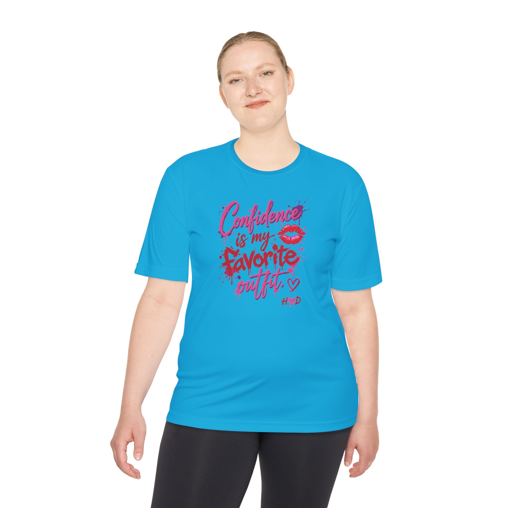 Harley Doo Confidence Is My Favorite Outfit tee | White Graphic T-Shirt, Lip Print, Script Quote