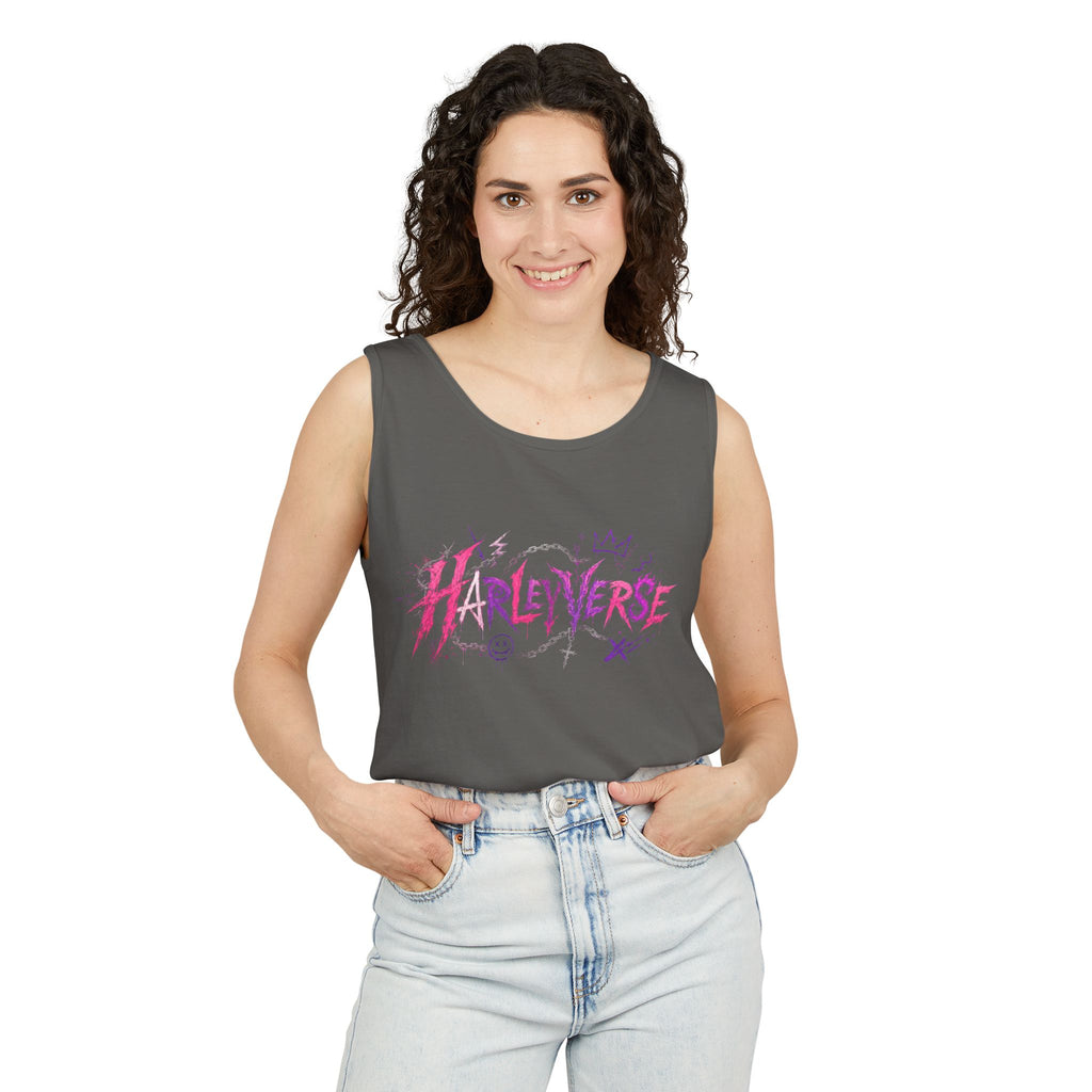 Harleyverse graffiti logo Tank Top | punk script, pink and purple doodles
