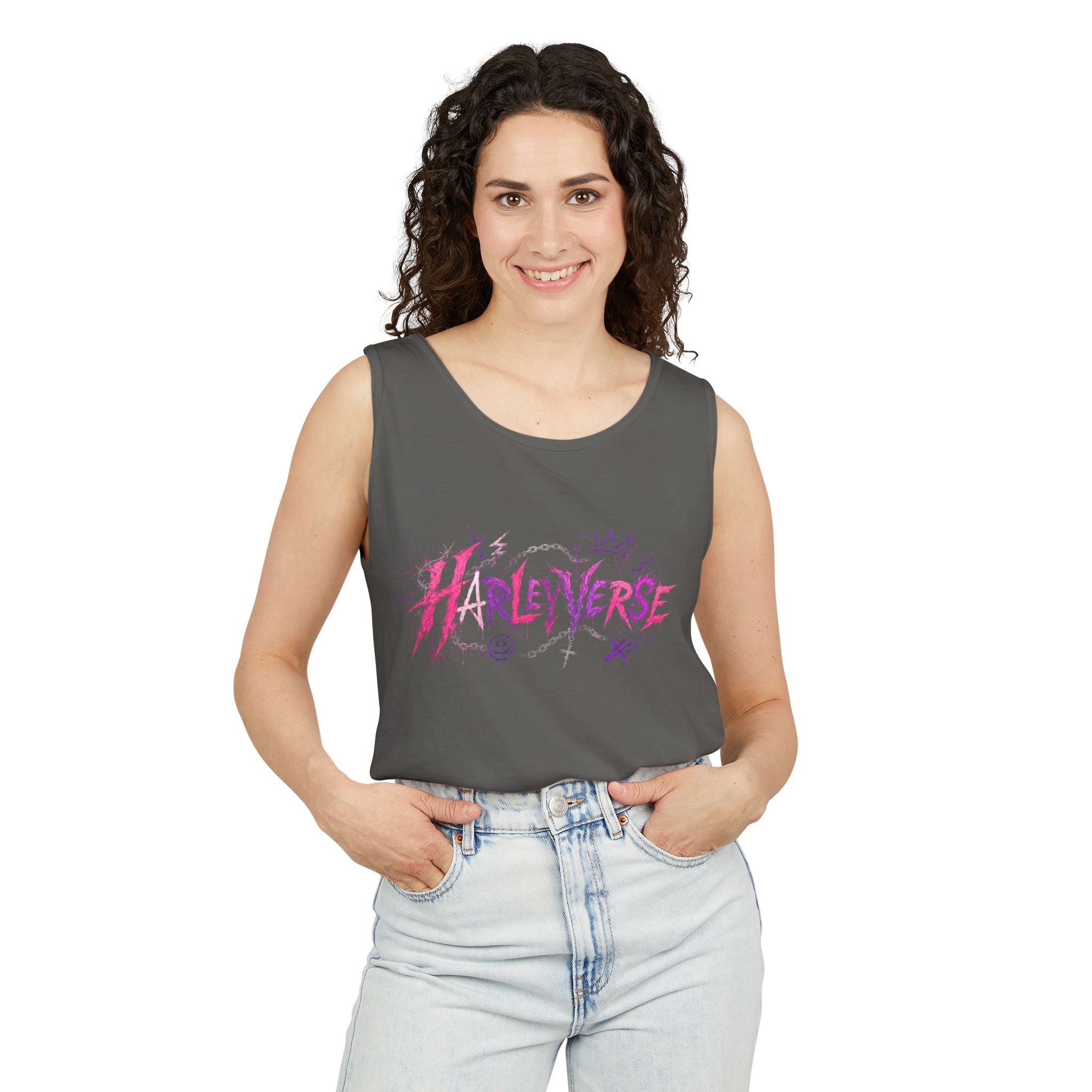 Harleyverse graffiti logo Tank Top | punk script, pink and purple doodles
