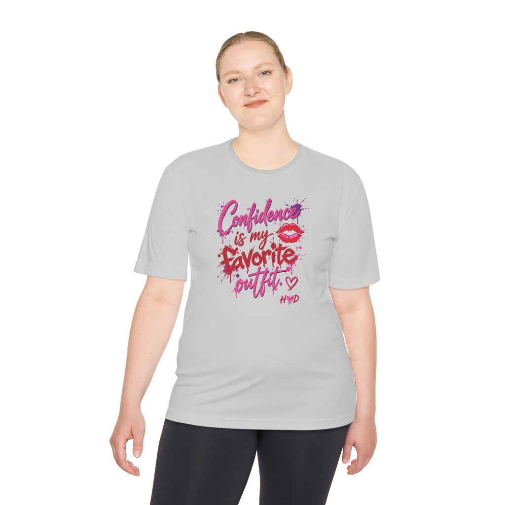 Harley Doo Confidence Is My Favorite Outfit tee | White Graphic T-Shirt, Lip Print, Script Quote