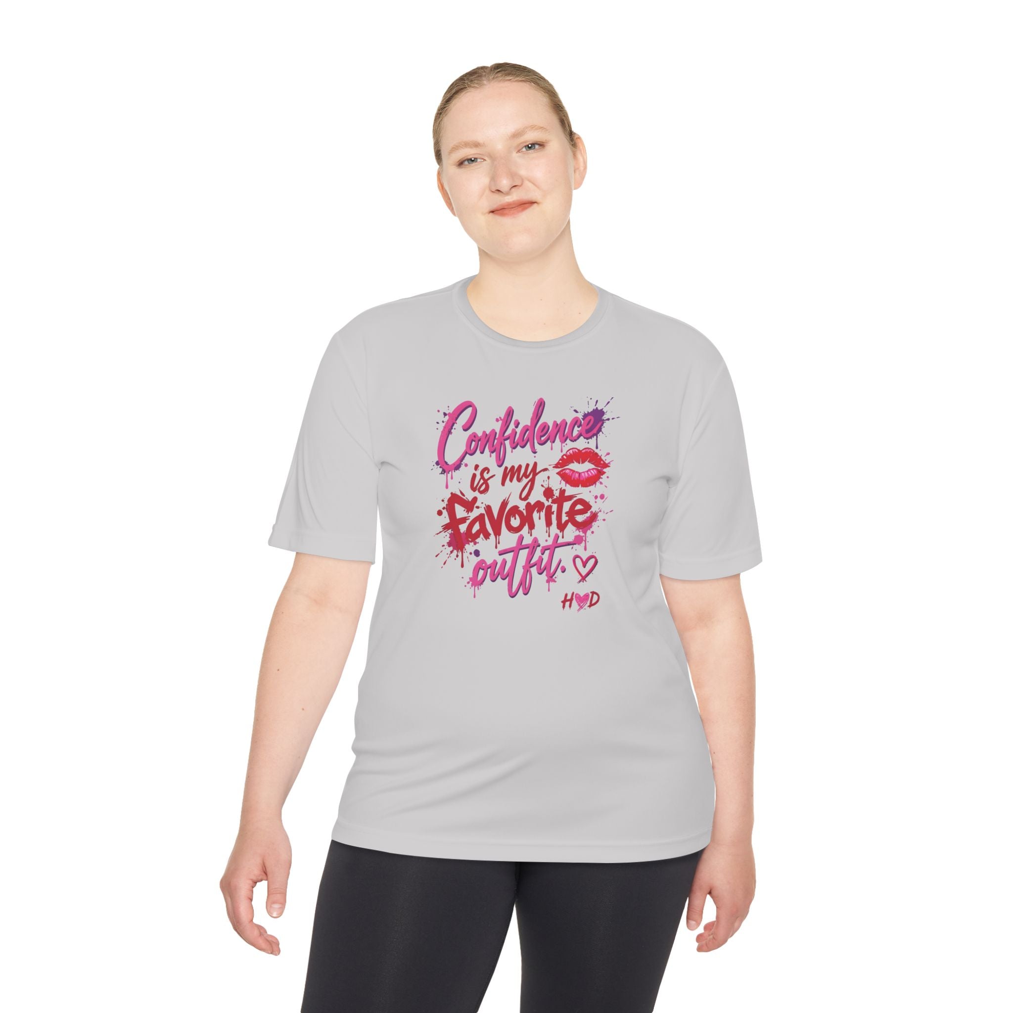 Harley Doo Confidence Is My Favorite Outfit tee | White Graphic T-Shirt, Lip Print, Script Quote