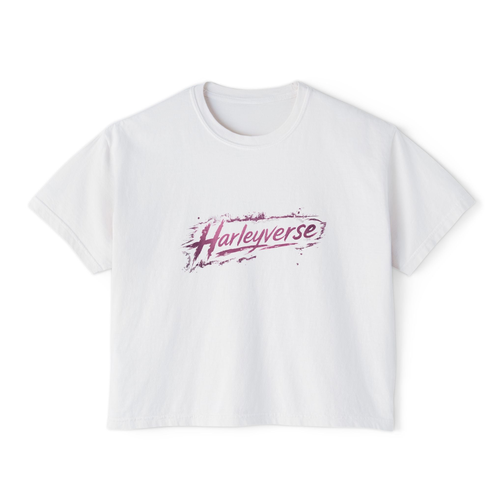 Harleyverse logo boxy tee | Crop T-Shirt, Retro Script, Pink Splash