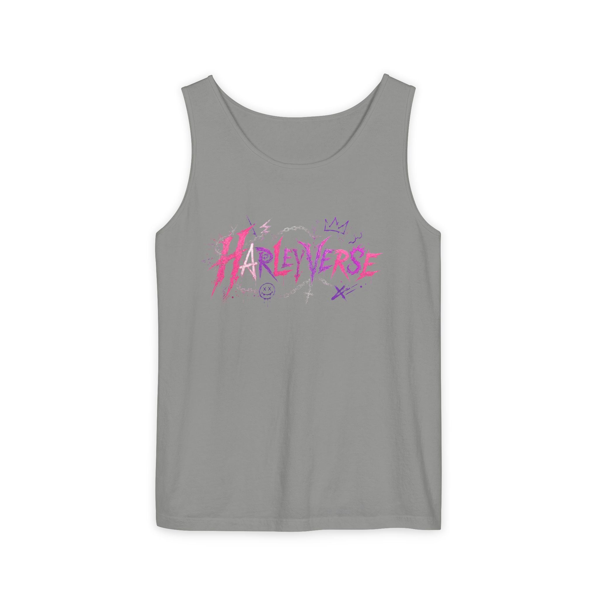 Harleyverse graffiti logo Tank Top | punk script, pink and purple doodles