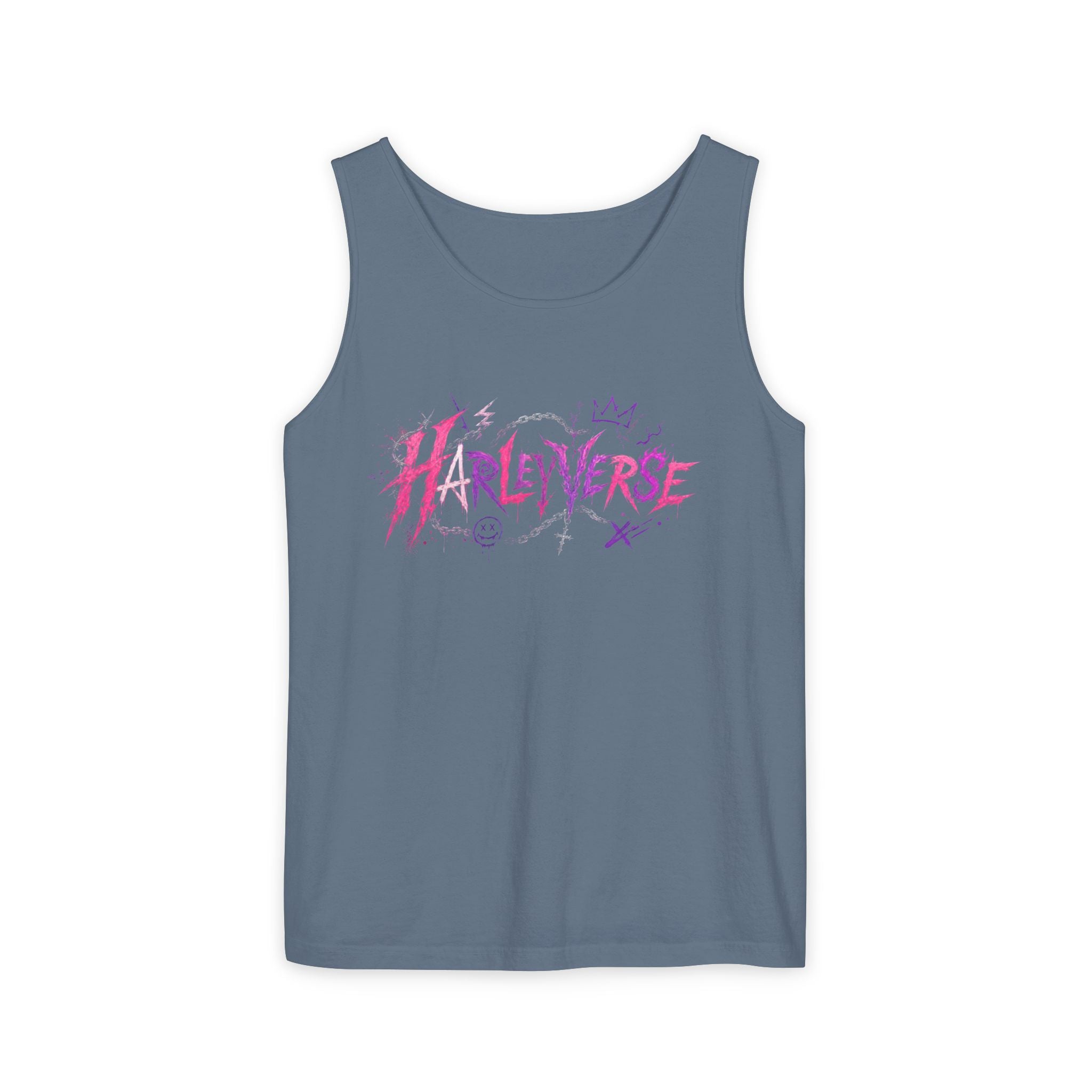Harleyverse graffiti logo Tank Top | punk script, pink and purple doodles