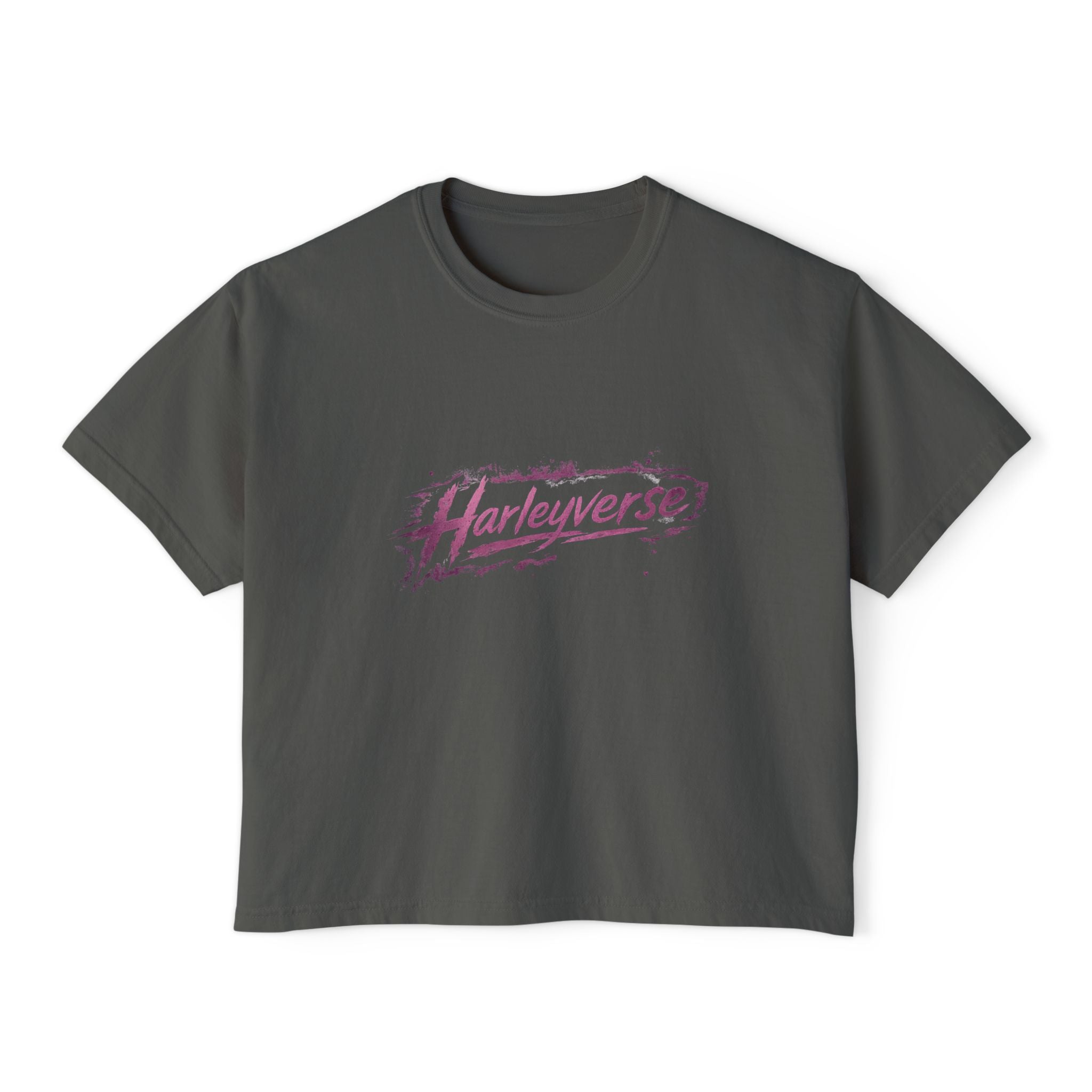 Harleyverse logo boxy tee | Crop T-Shirt, Retro Script, Pink Splash