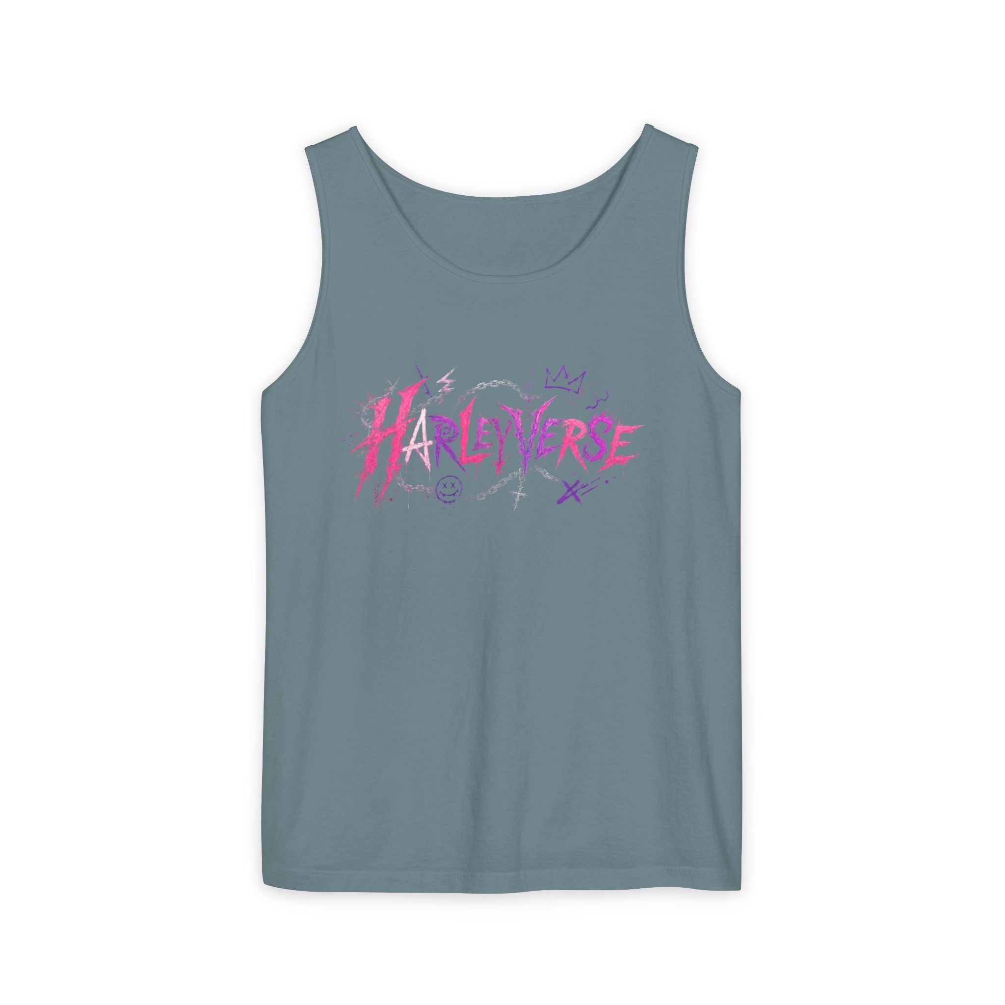 Harleyverse graffiti logo Tank Top | punk script, pink and purple doodles
