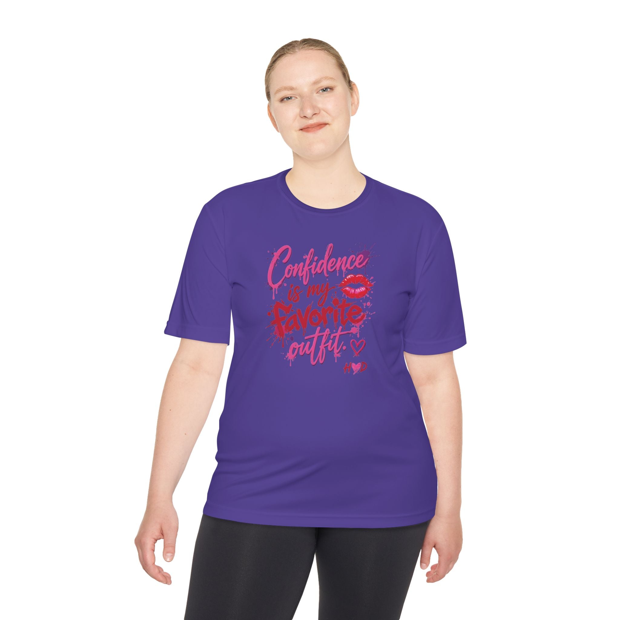 Harley Doo Confidence Is My Favorite Outfit tee | White Graphic T-Shirt, Lip Print, Script Quote
