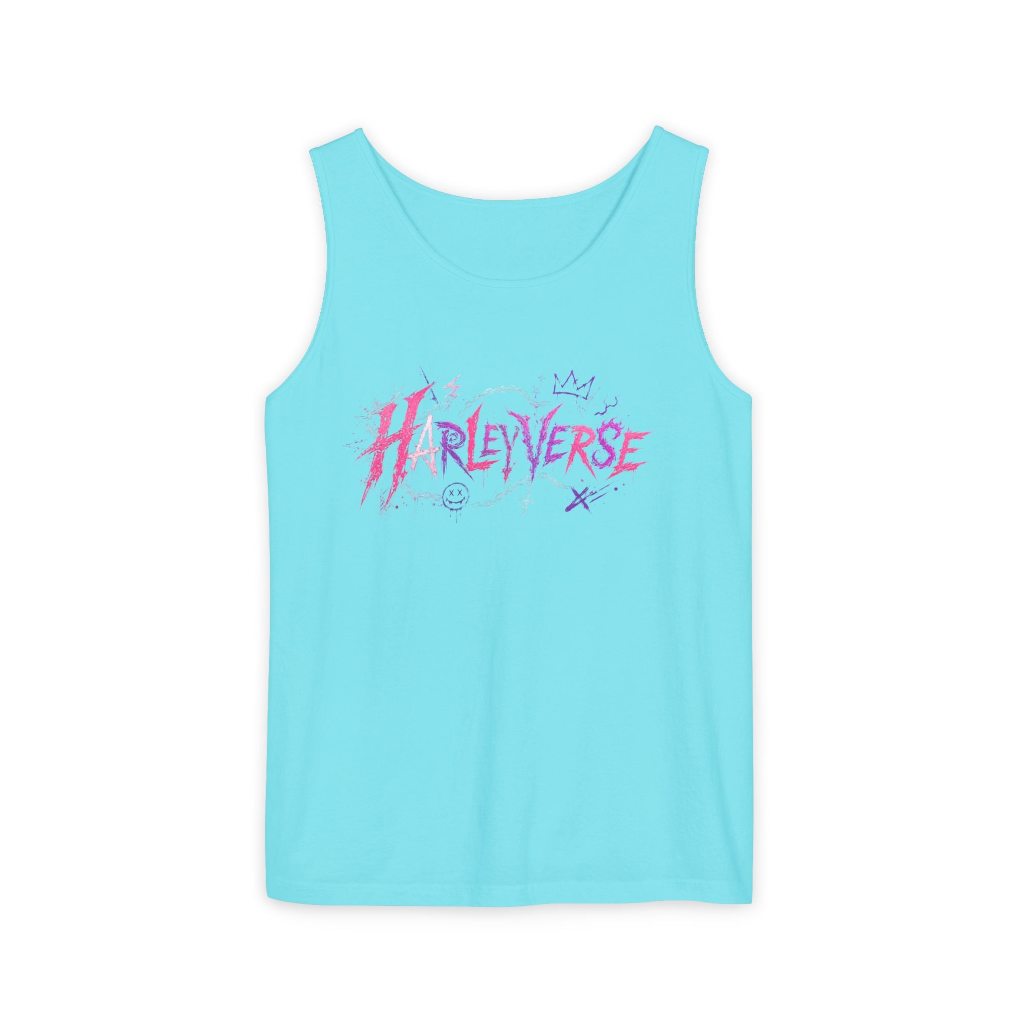 Harleyverse graffiti logo Tank Top | punk script, pink and purple doodles