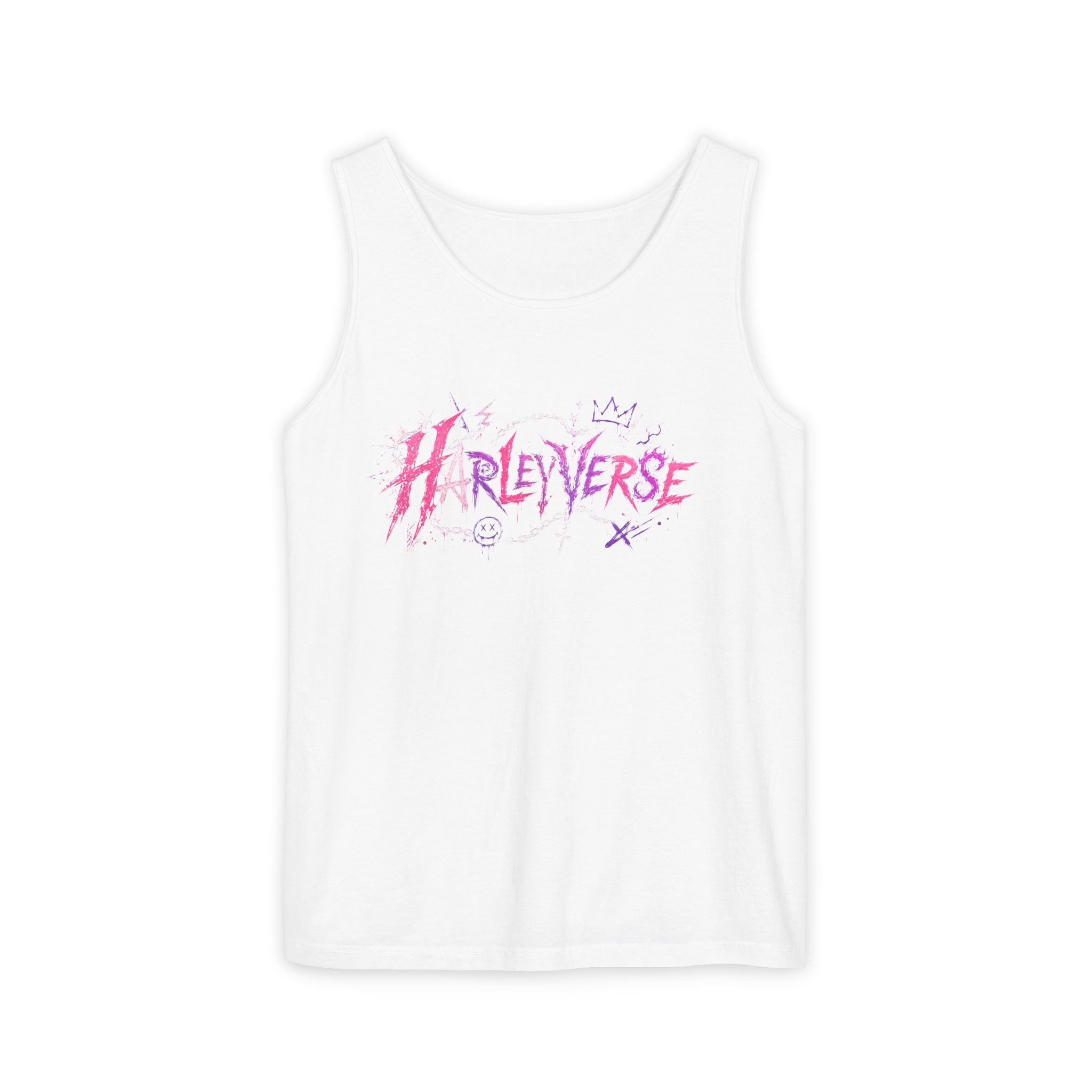 Harleyverse graffiti logo Tank Top | punk script, pink and purple doodles