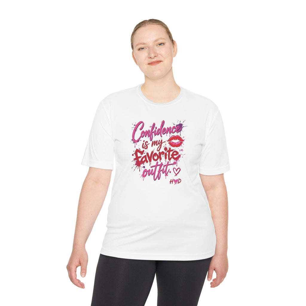 Harley Doo Confidence Is My Favorite Outfit tee | White Graphic T-Shirt, Lip Print, Script Quote