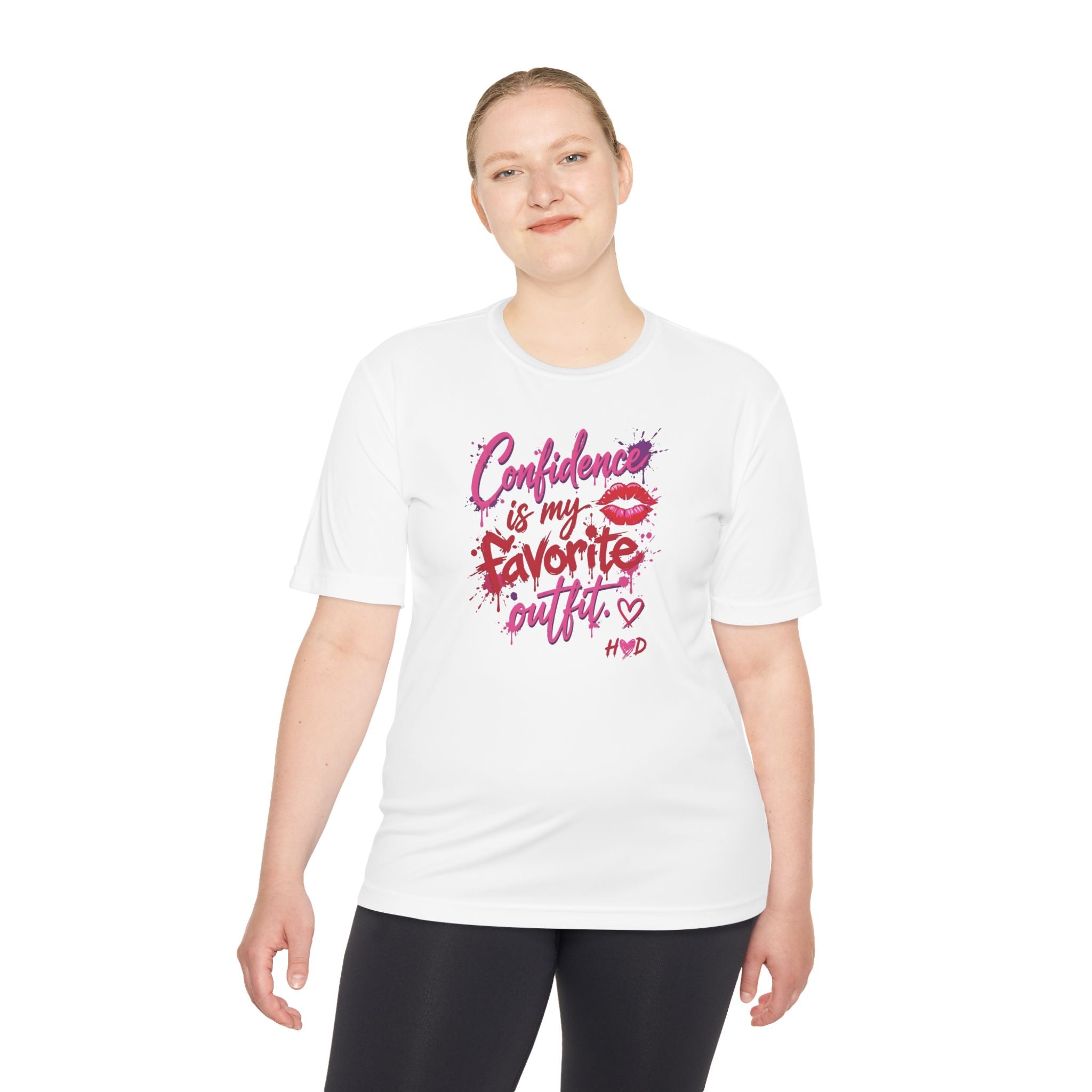 Harley Doo Confidence Is My Favorite Outfit tee | White Graphic T-Shirt, Lip Print, Script Quote