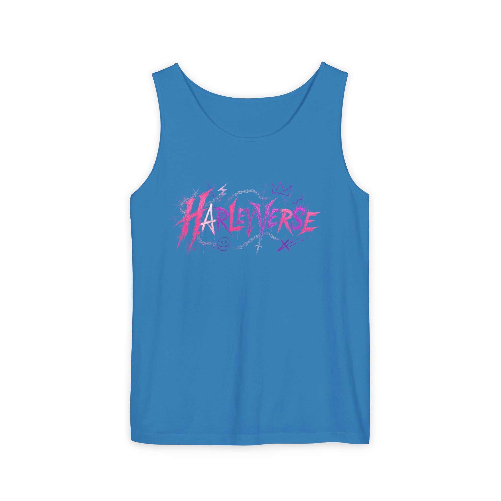 Harleyverse graffiti logo Tank Top | punk script, pink and purple doodles