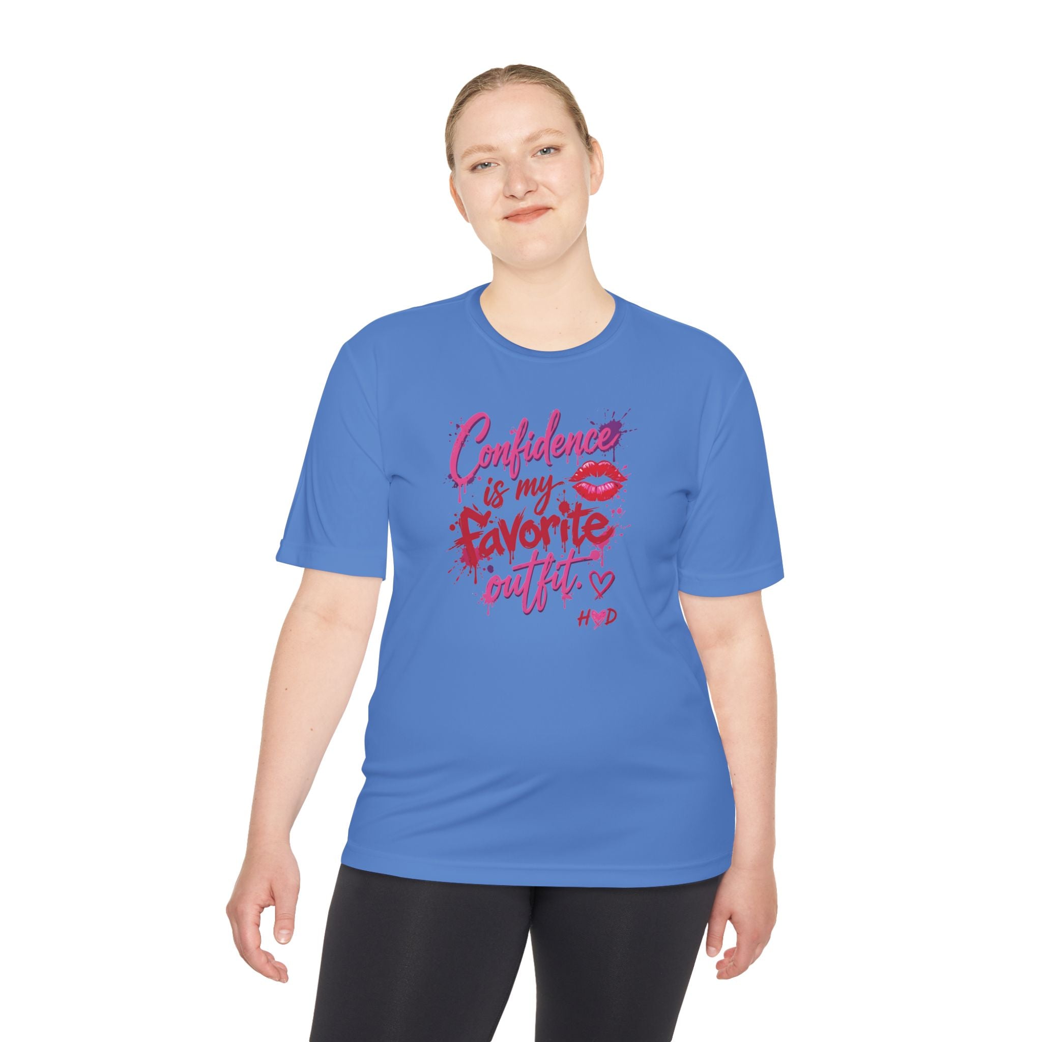 Harley Doo Confidence Is My Favorite Outfit tee | White Graphic T-Shirt, Lip Print, Script Quote