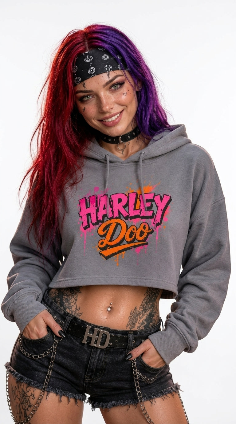 Harley Doo logo Women's Cropped Hoodie | Retro Script, Neon Pink & Orange