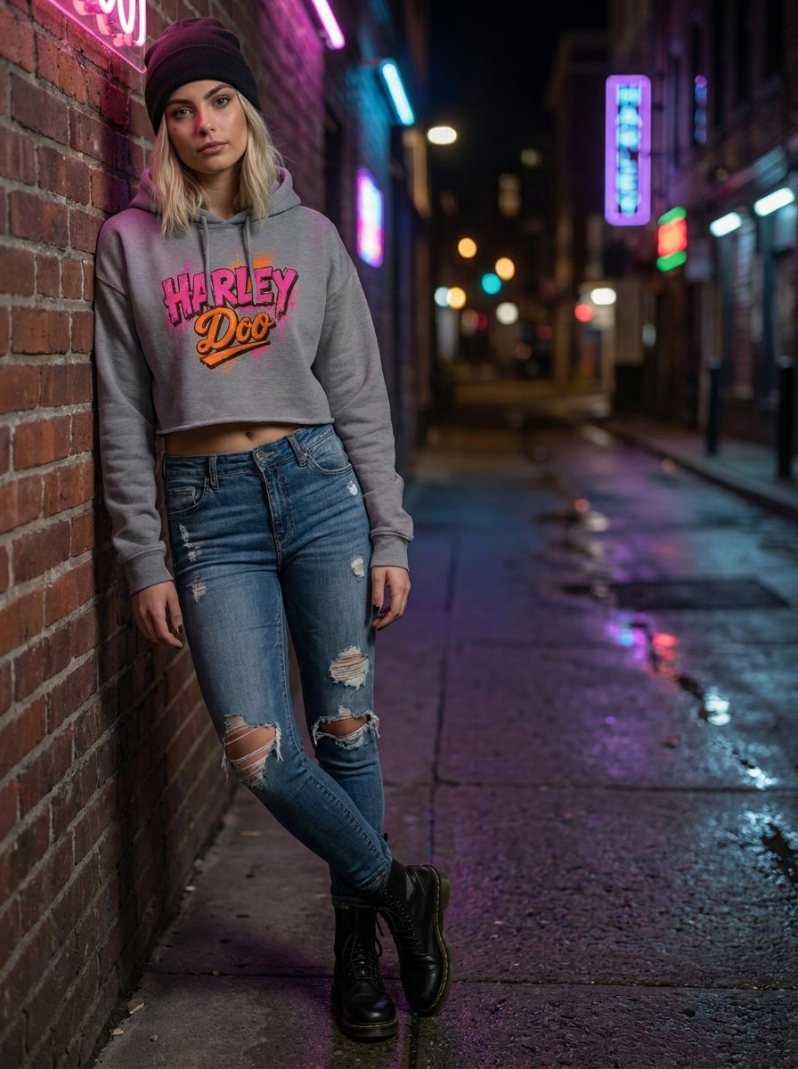 Harley Doo logo Women's Cropped Hoodie | Retro Script, Neon Pink & Orange