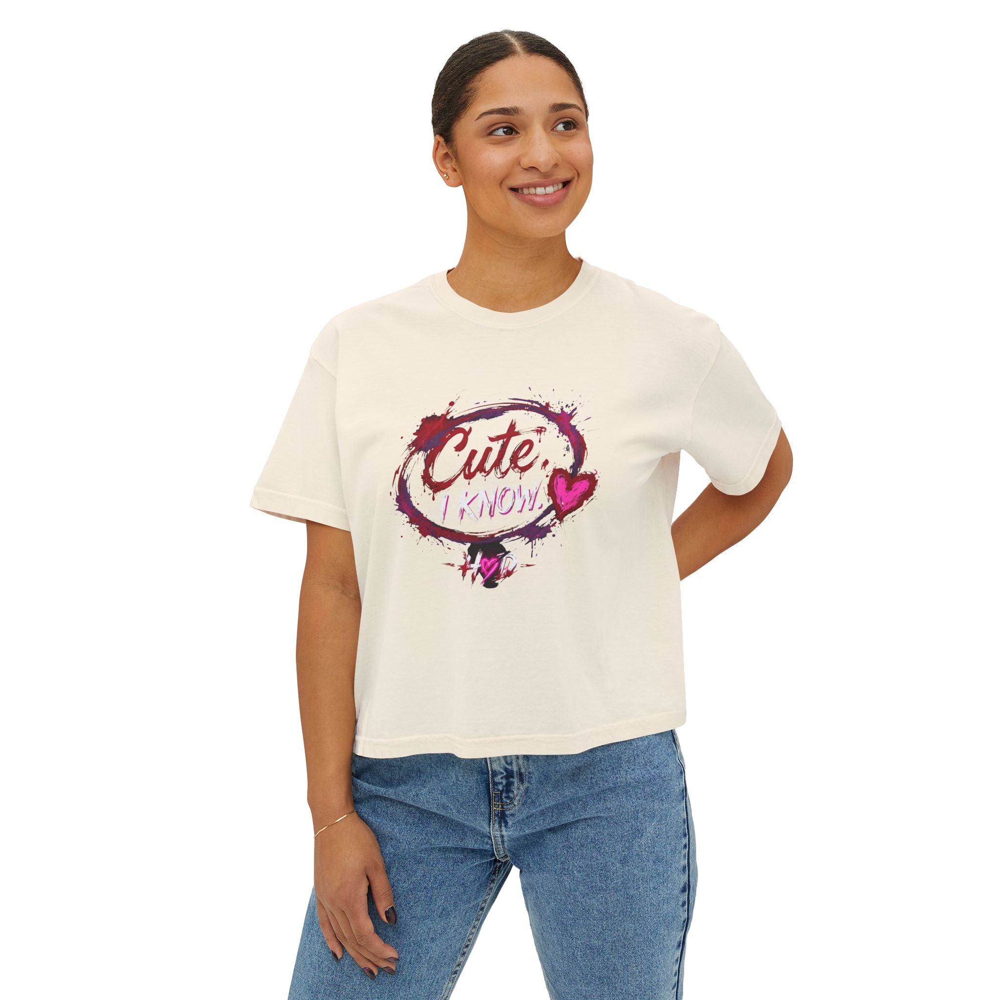 Cute I Know Women's Boxy Tee — Graphic Heart Casual Crop Top