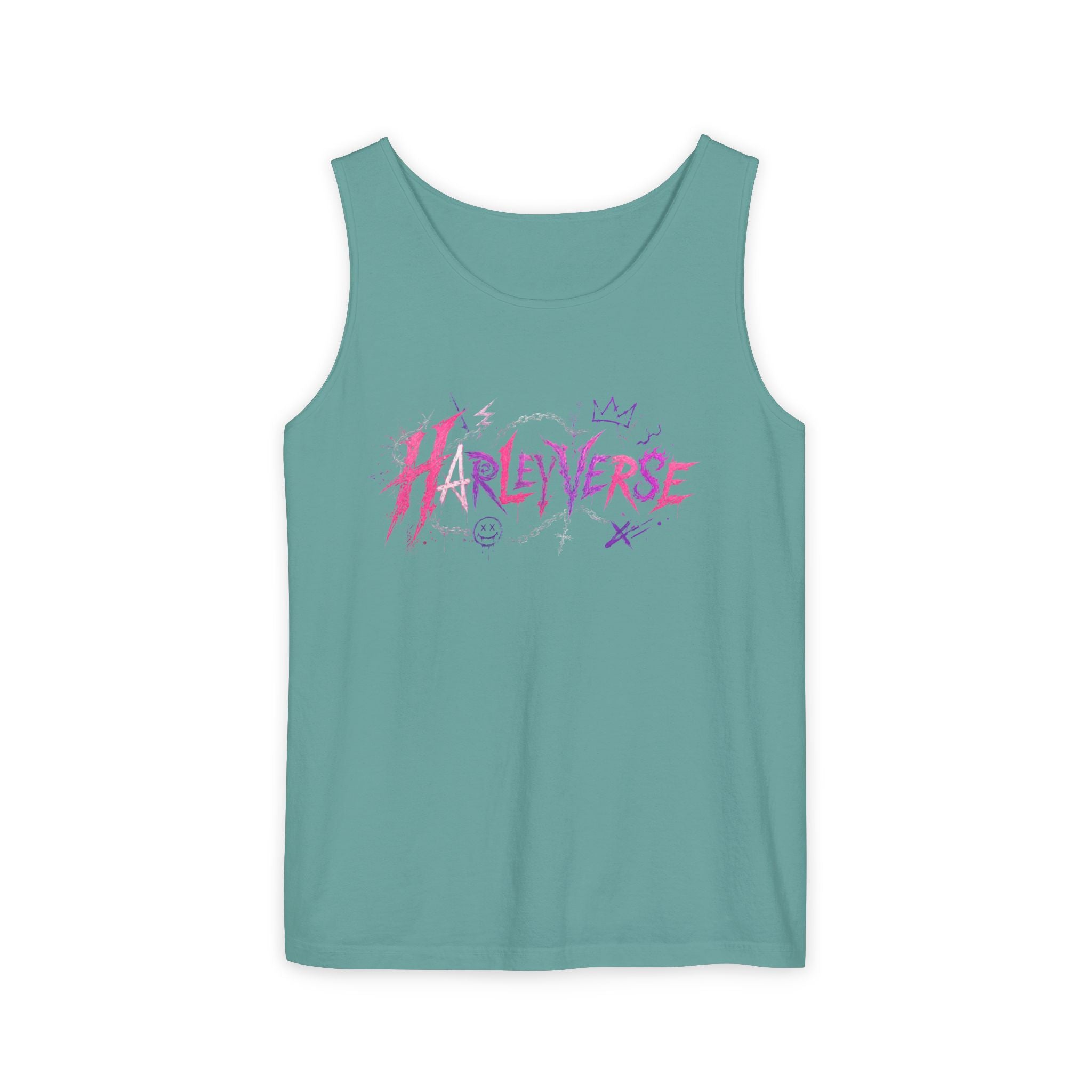 Harleyverse graffiti logo Tank Top | punk script, pink and purple doodles
