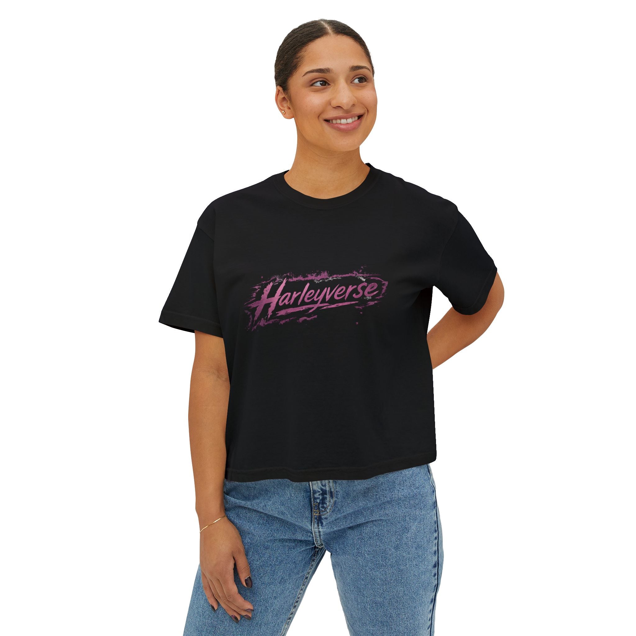 Harleyverse logo boxy tee | Crop T-Shirt, Retro Script, Pink Splash