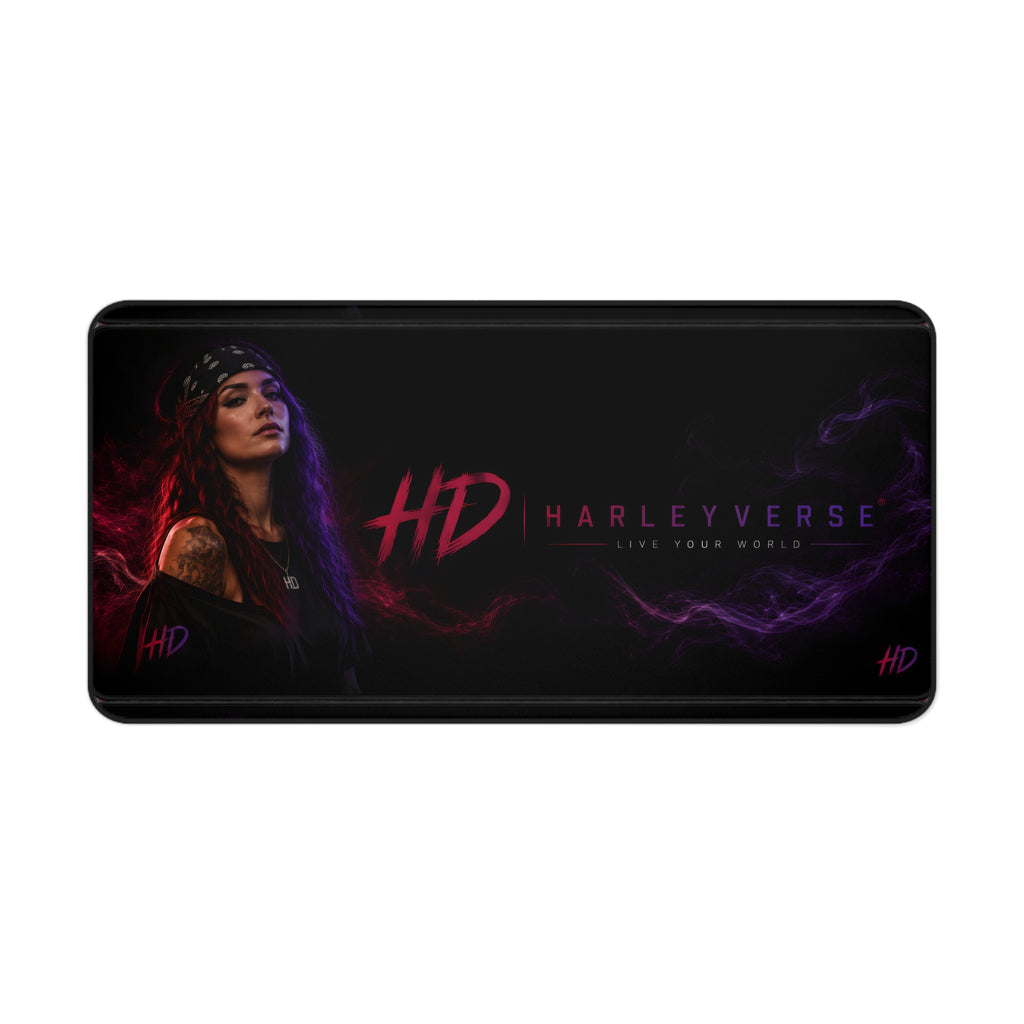 Harleyverse Neon Portrait Desk Mat | HD logo gaming mousepad, purple red vaporwave