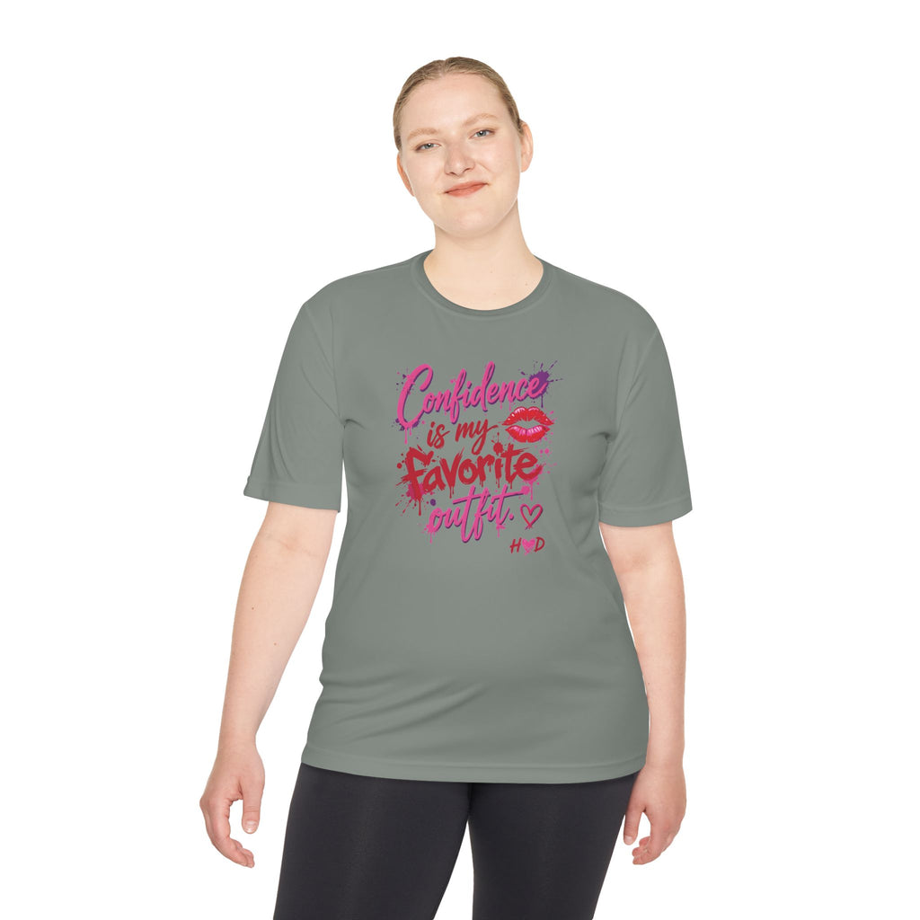 Harley Doo Confidence Is My Favorite Outfit tee | White Graphic T-Shirt, Lip Print, Script Quote