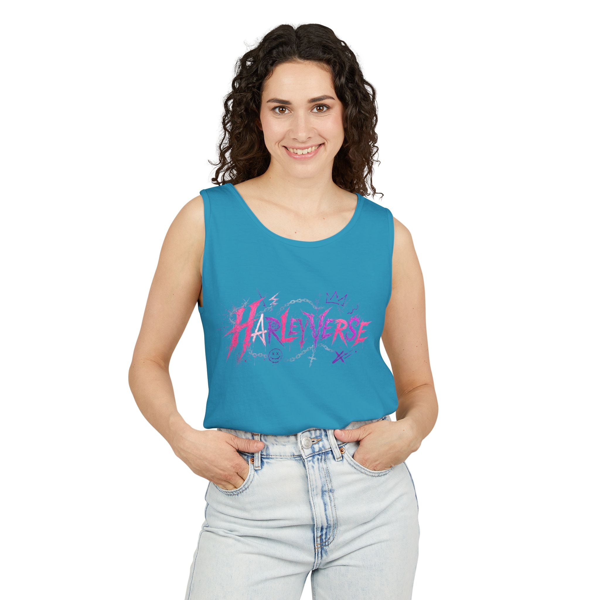 Harleyverse graffiti logo Tank Top | punk script, pink and purple doodles