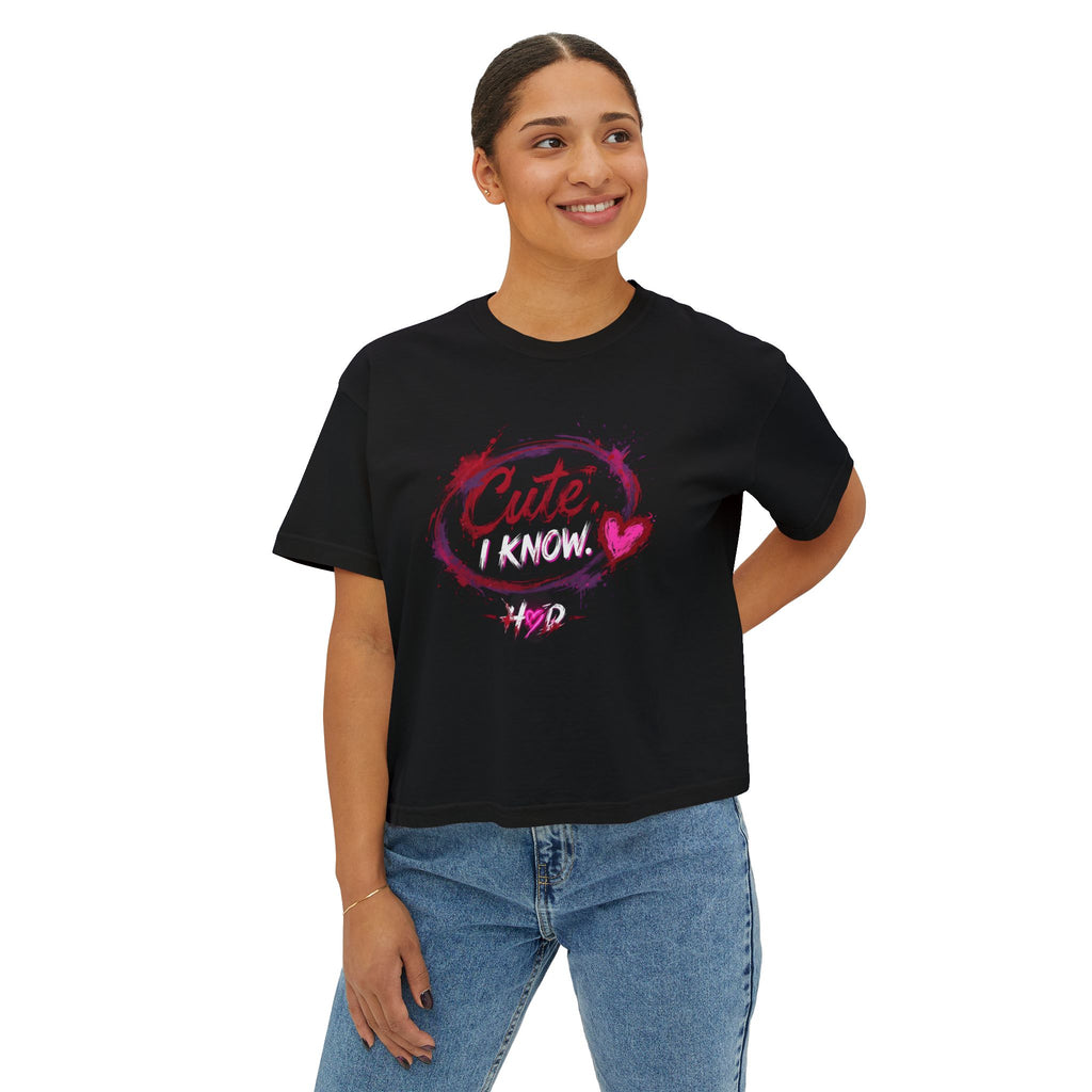 Cute I Know Women's Boxy Tee — Graphic Heart Casual Crop Top