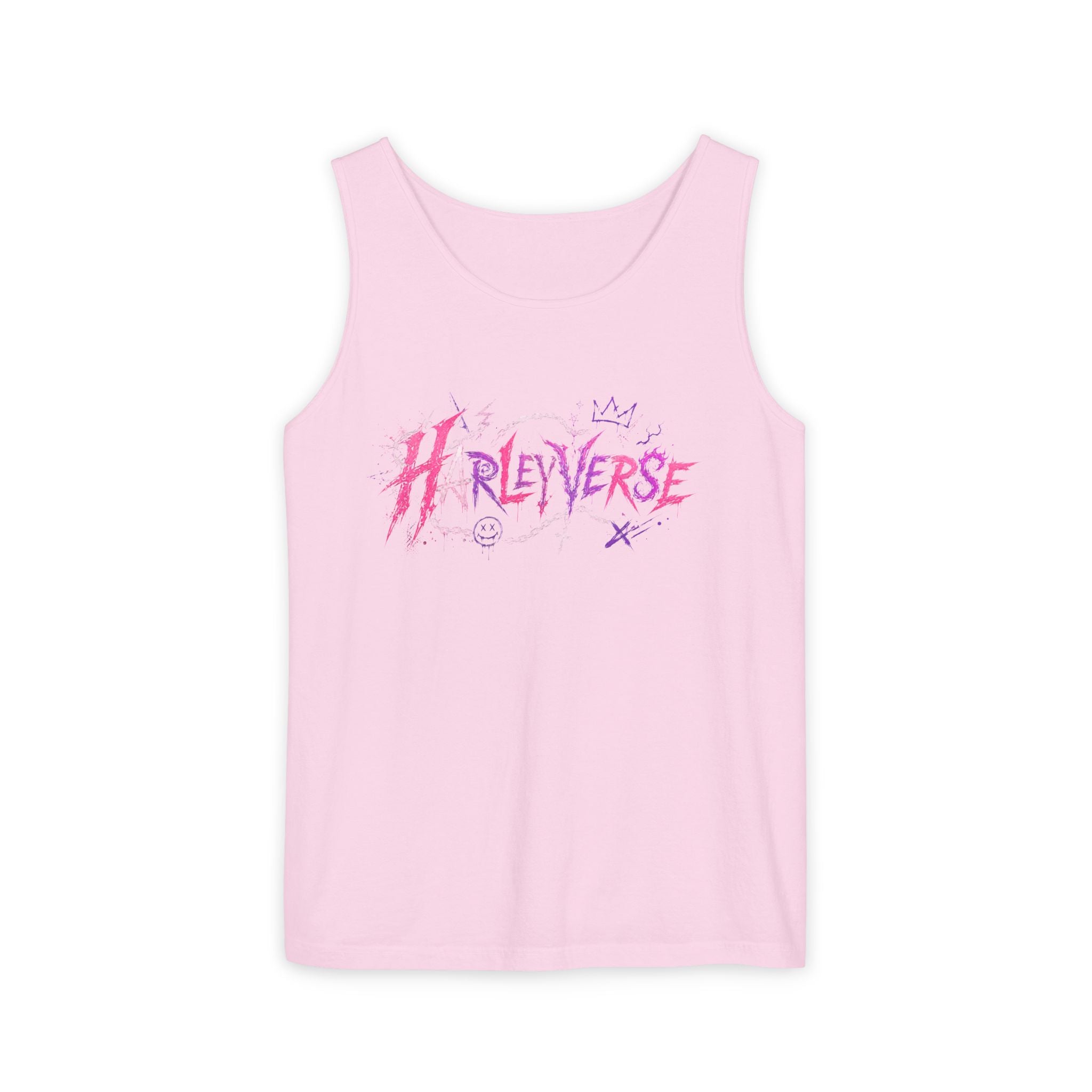 Harleyverse graffiti logo Tank Top | punk script, pink and purple doodles