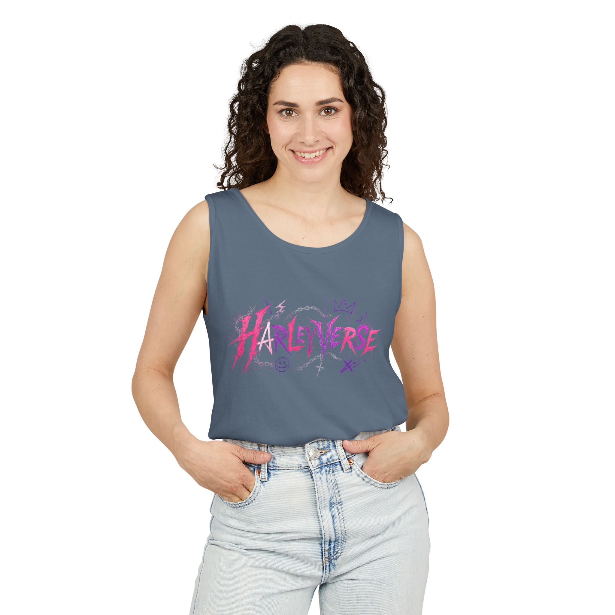 Harleyverse graffiti logo Tank Top | punk script, pink and purple doodles