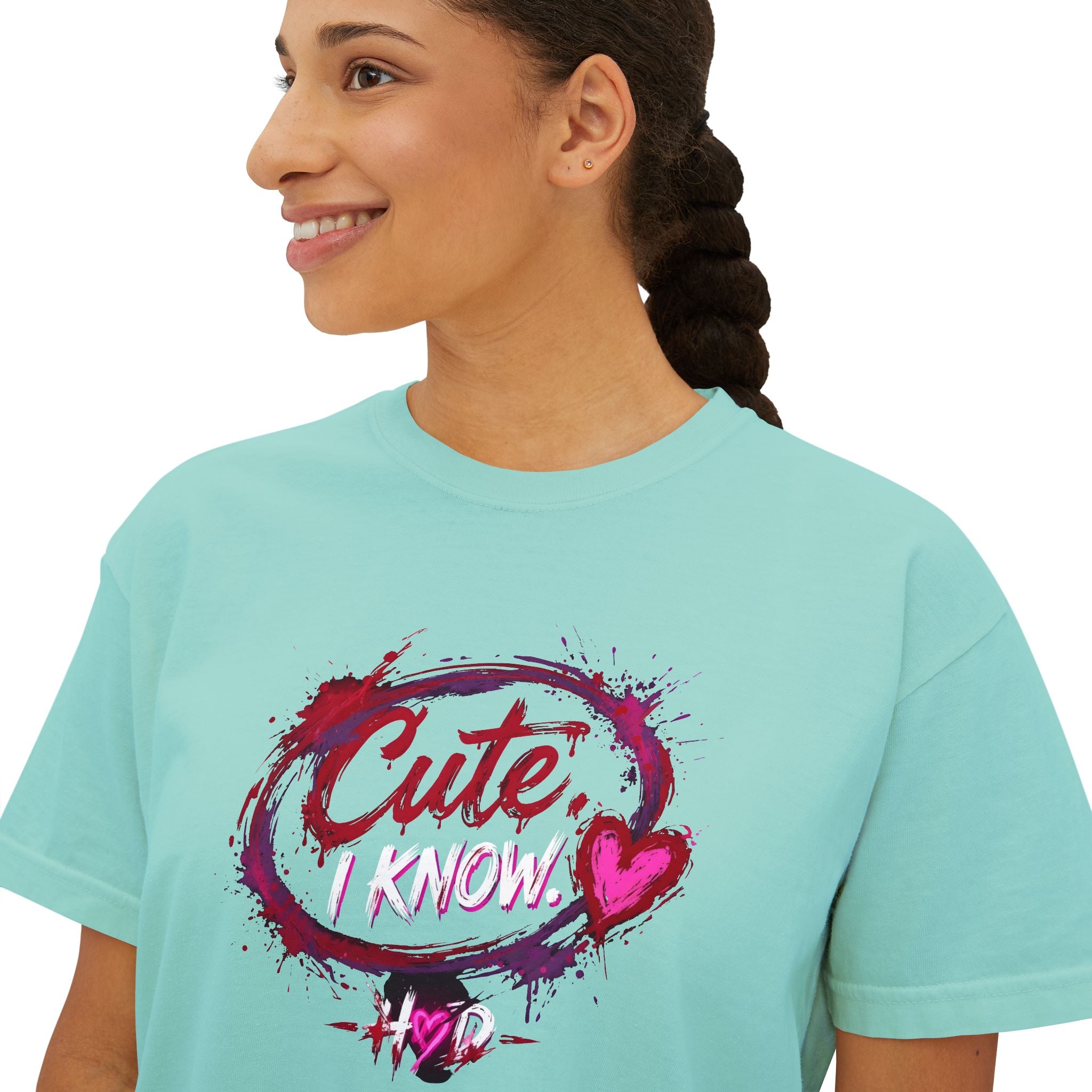 Cute I Know Women's Boxy Tee — Graphic Heart Casual Crop Top