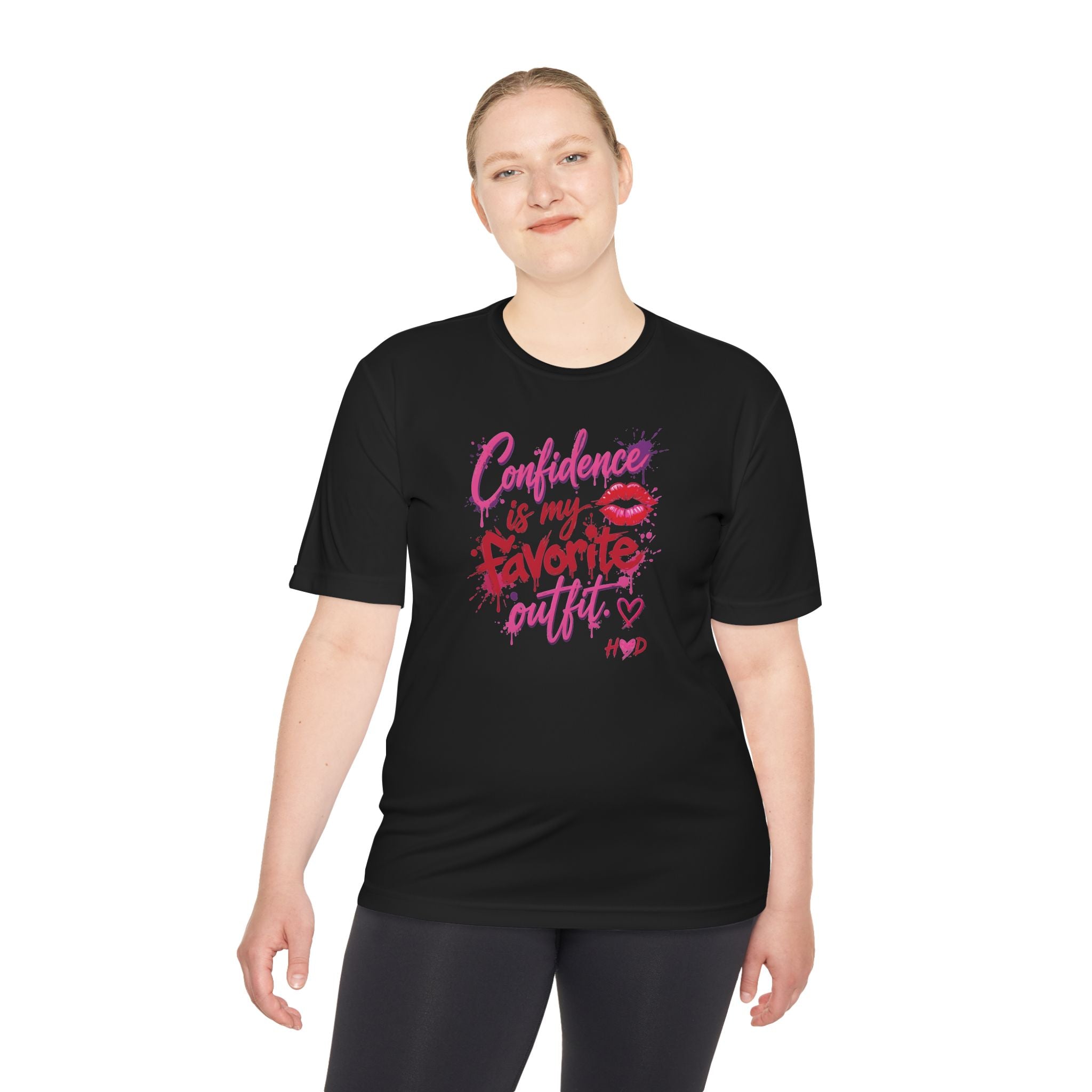 Harley Doo Confidence Is My Favorite Outfit tee | White Graphic T-Shirt, Lip Print, Script Quote