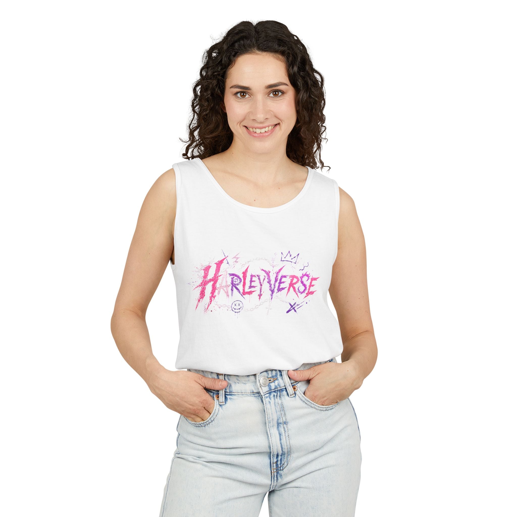 Harleyverse graffiti logo Tank Top | punk script, pink and purple doodles