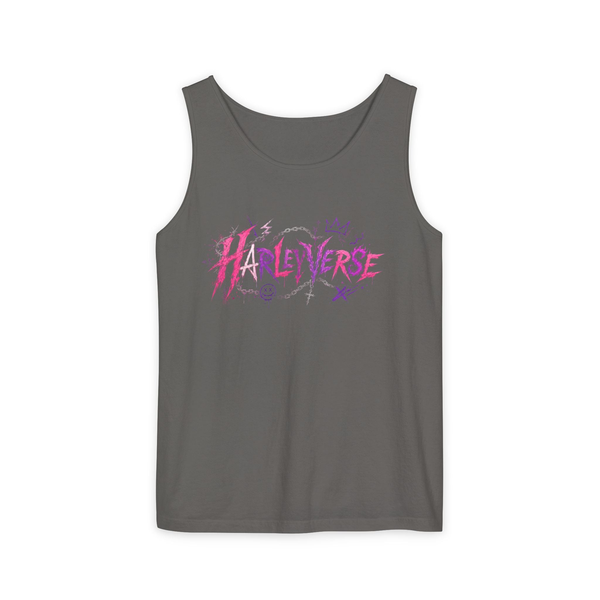 Harleyverse graffiti logo Tank Top | punk script, pink and purple doodles
