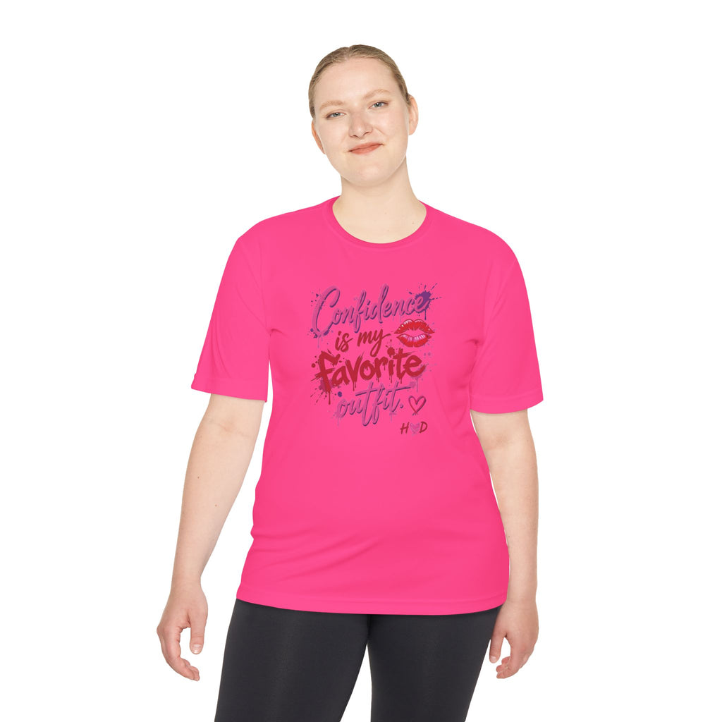 Harley Doo Confidence Is My Favorite Outfit tee | White Graphic T-Shirt, Lip Print, Script Quote