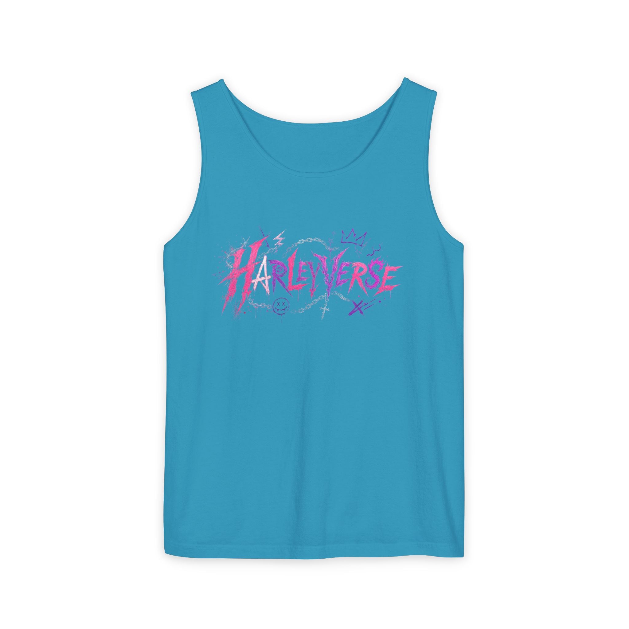 Harleyverse graffiti logo Tank Top | punk script, pink and purple doodles