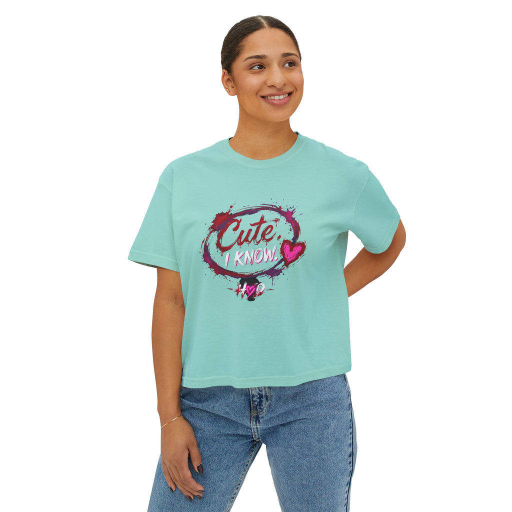 Cute I Know Women's Boxy Tee — Graphic Heart Casual Crop Top